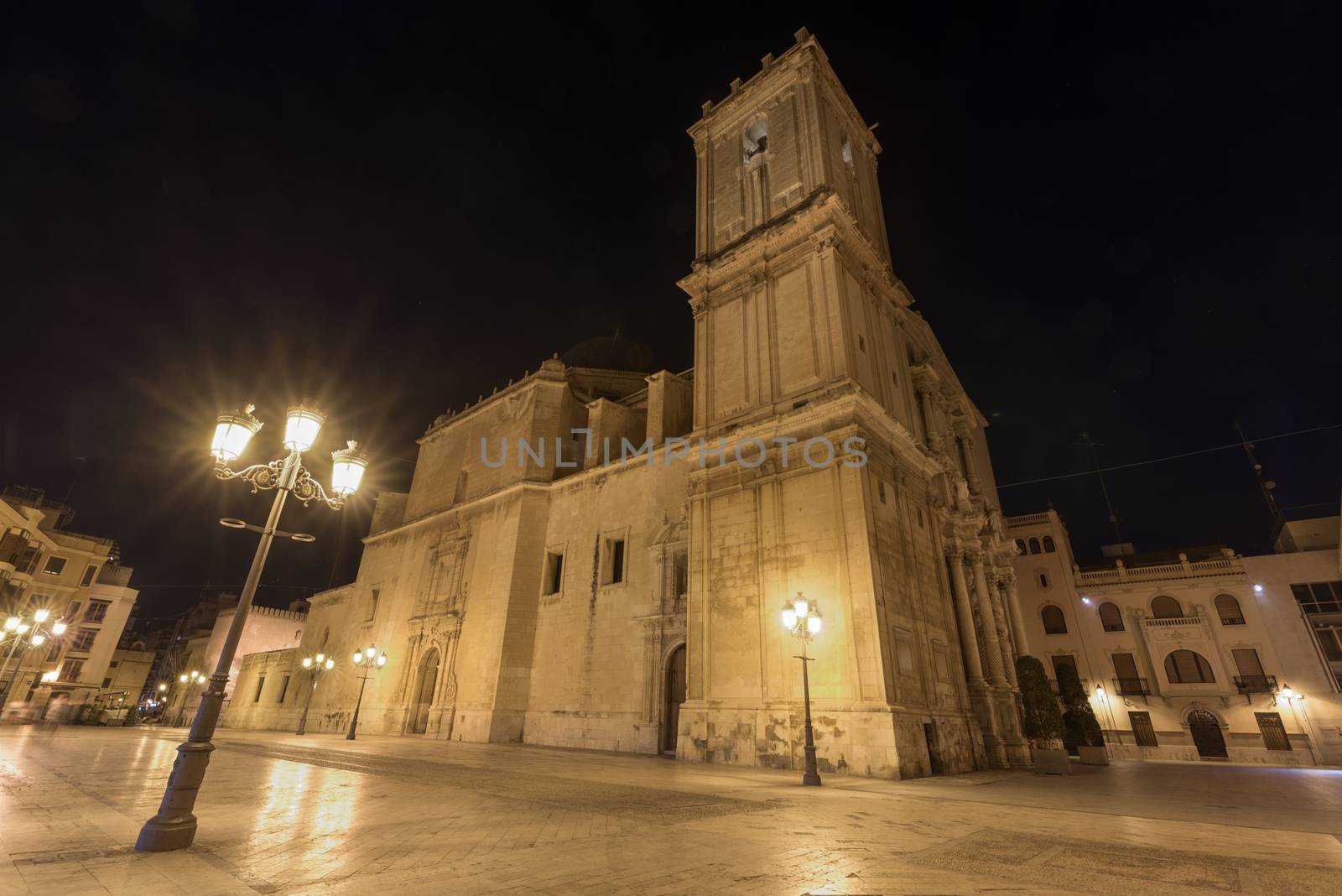 Night scene of Elche Cathedral in Alicante province, Spain. by HERRAEZ