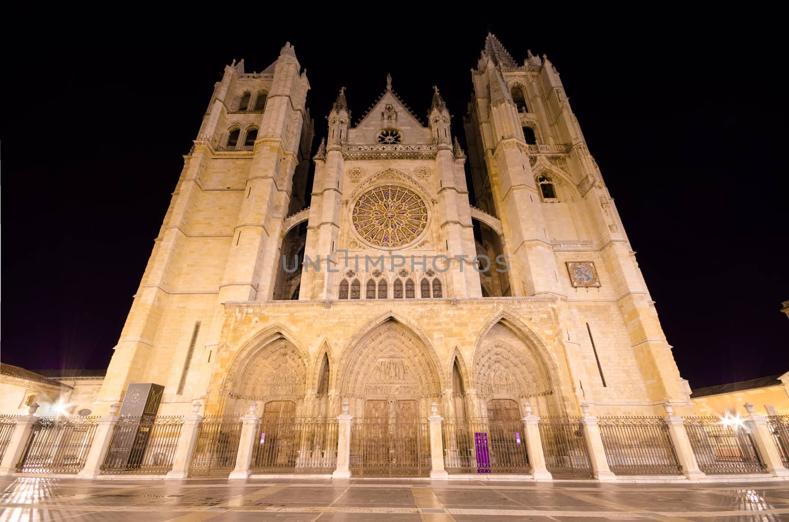 Leon cathedral at night, Leon, Spain.