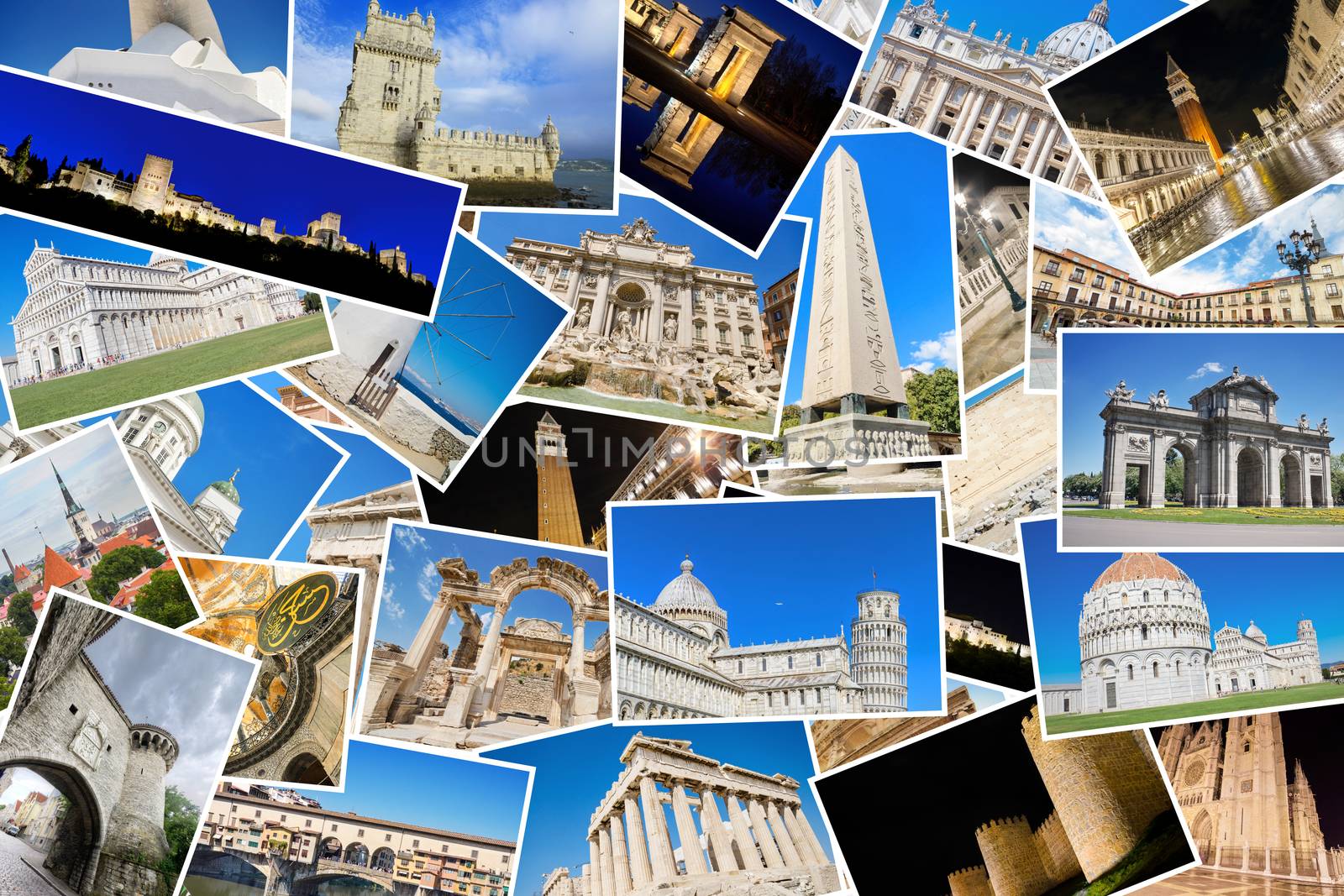 A collage of my best travel photos of famous Landmarks from European cities, included cities: Roma, Tallin, Ephesus, Istambul, Pisa, Avila, Madrid, Florence, Athens, Venice,Leon, Granada,Lisbon, etc.