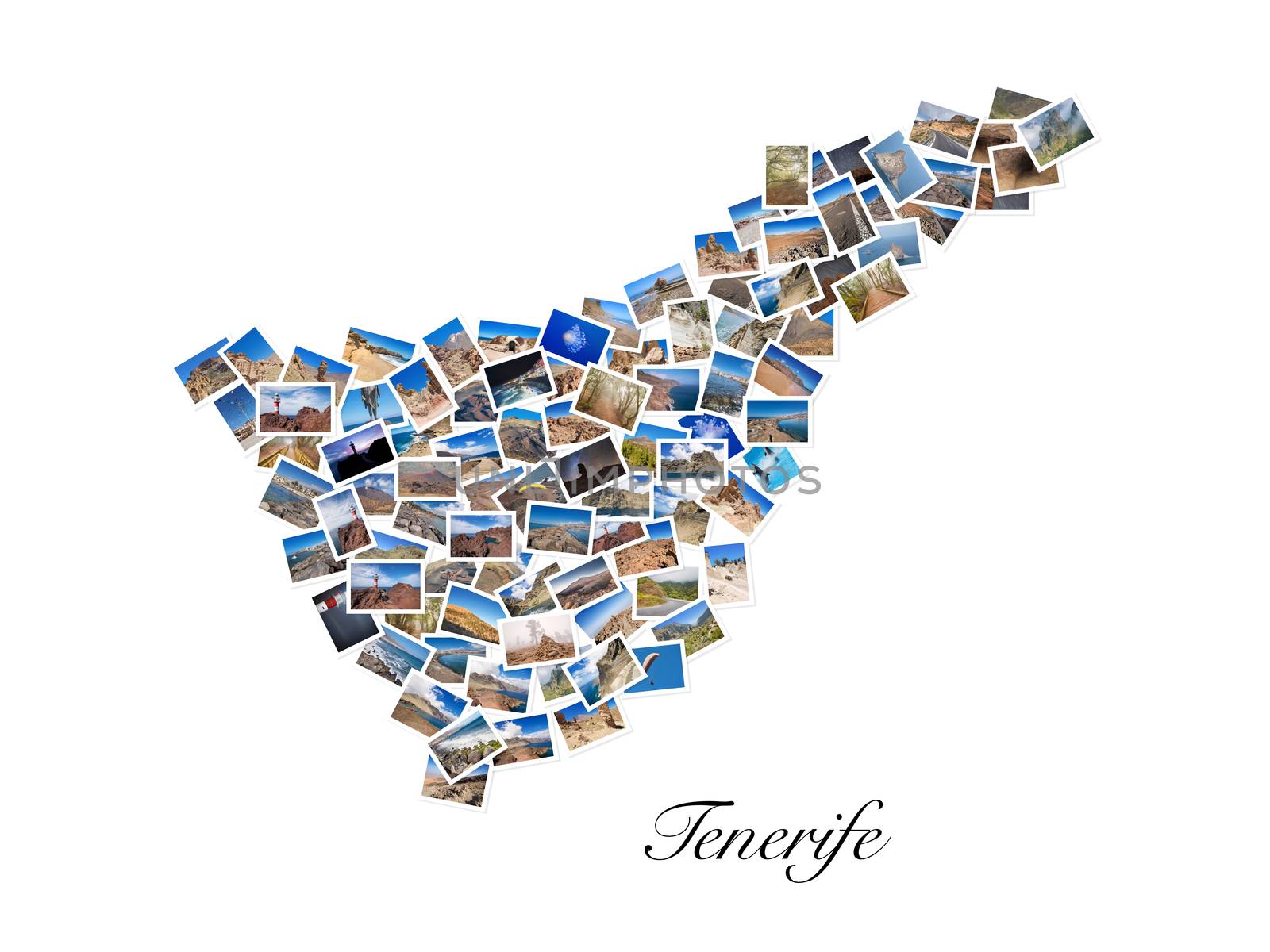 A collage of my best travel photos of Tenerife, forming the shape of Tenerife island, version 1.