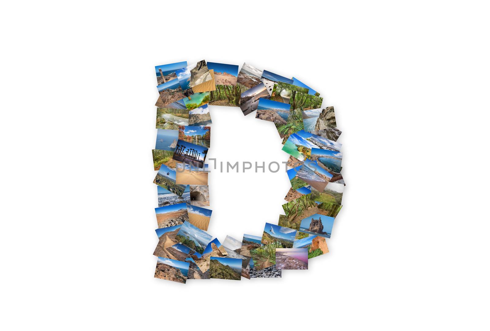 Letter D uppercase font shape alphabet collage made of my best landscape photographs. Version 3.