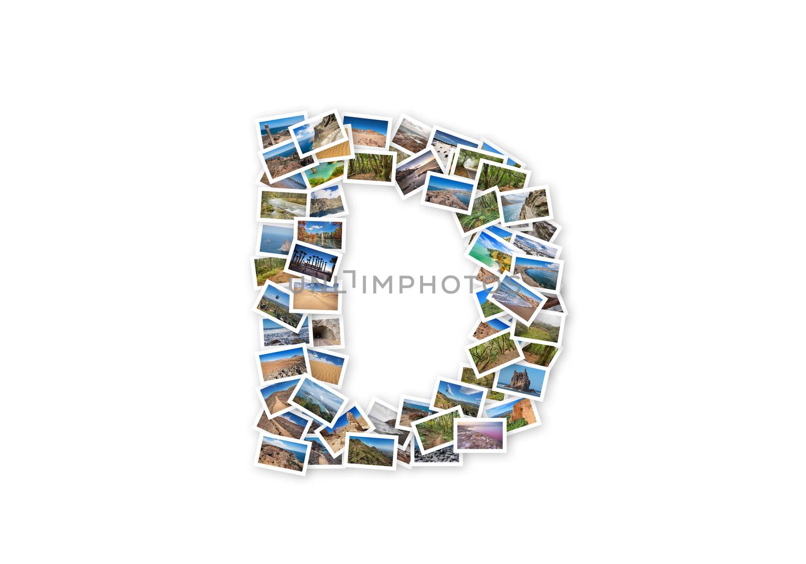 Letter D uppercase font shape alphabet collage made of my best landscape photographs. Version 1.