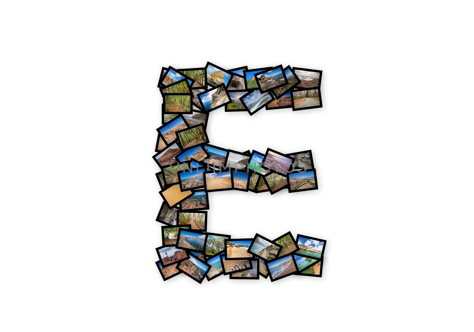 Letter E uppercase font shape alphabet collage made of my best landscape photographs. Version 2.
