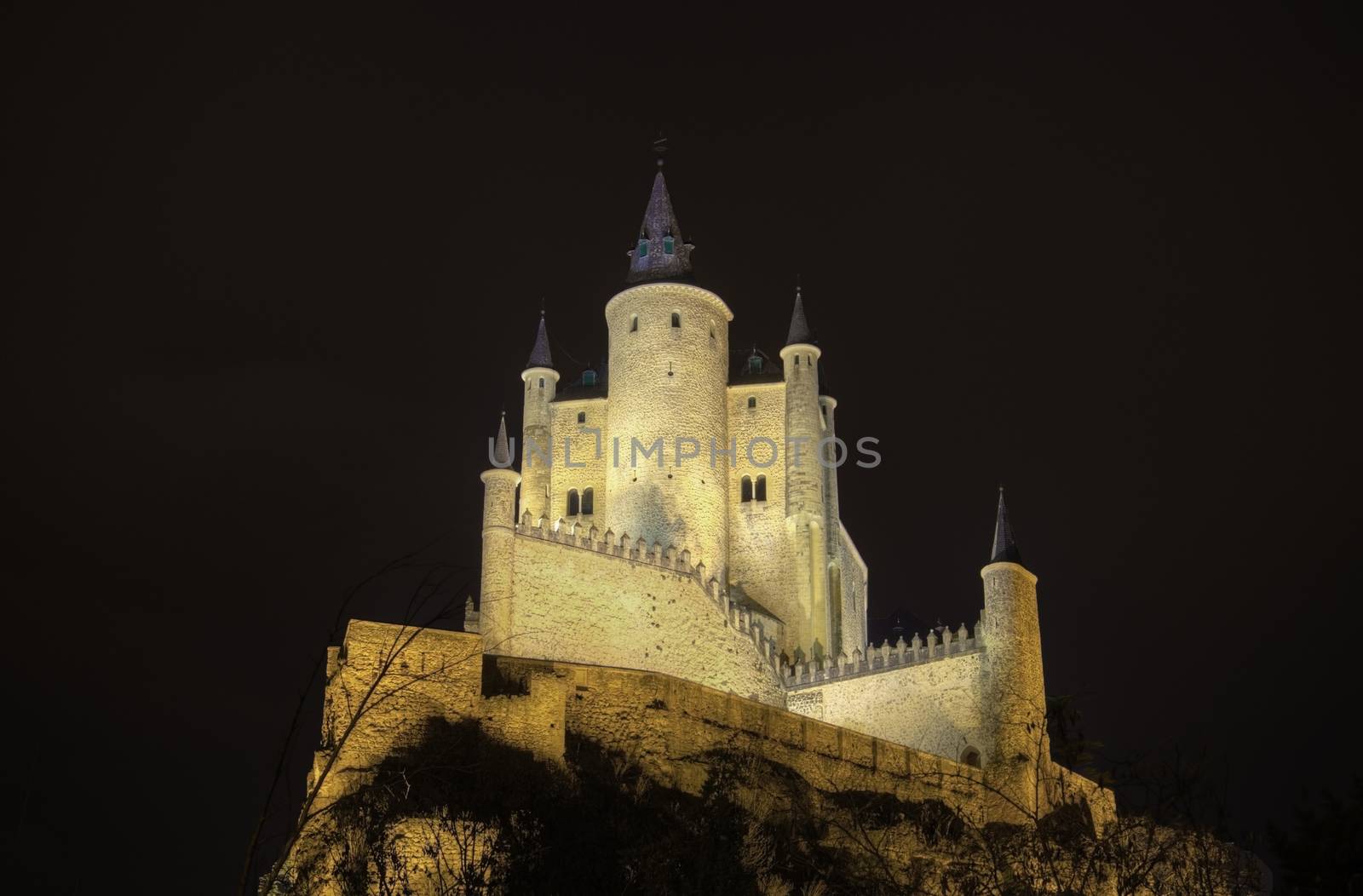 Segovia Alcazar Castle at night. Ancient Royal palace in Segovia Spain.