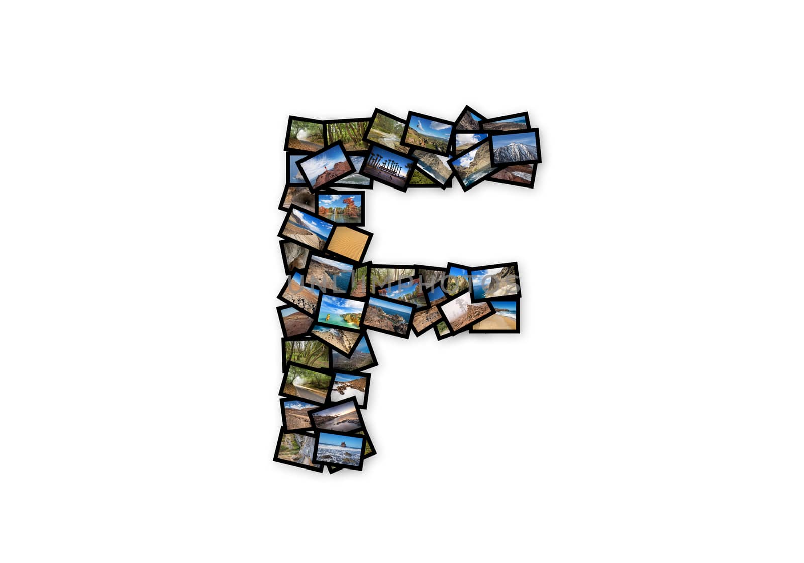 Letter F uppercase font shape alphabet collage made of my best landscape photographs. Version 2.