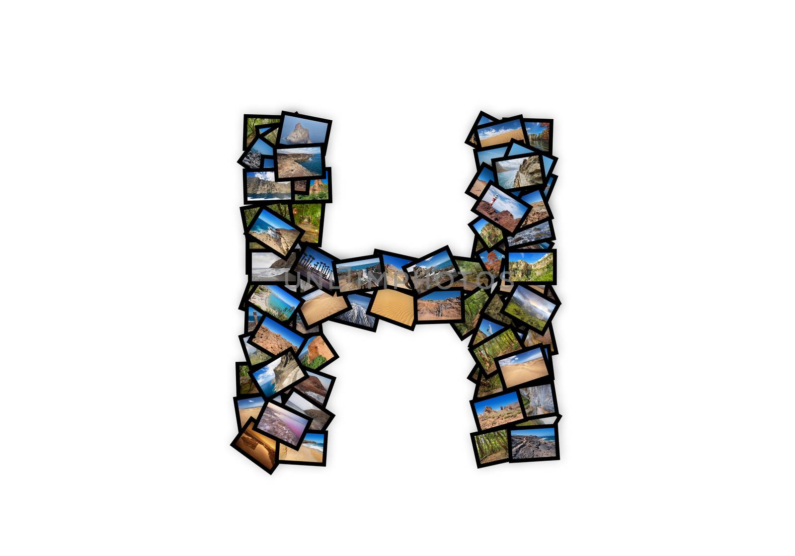 Letter H uppercase font shape alphabet collage made of my best landscape photographs. Version .