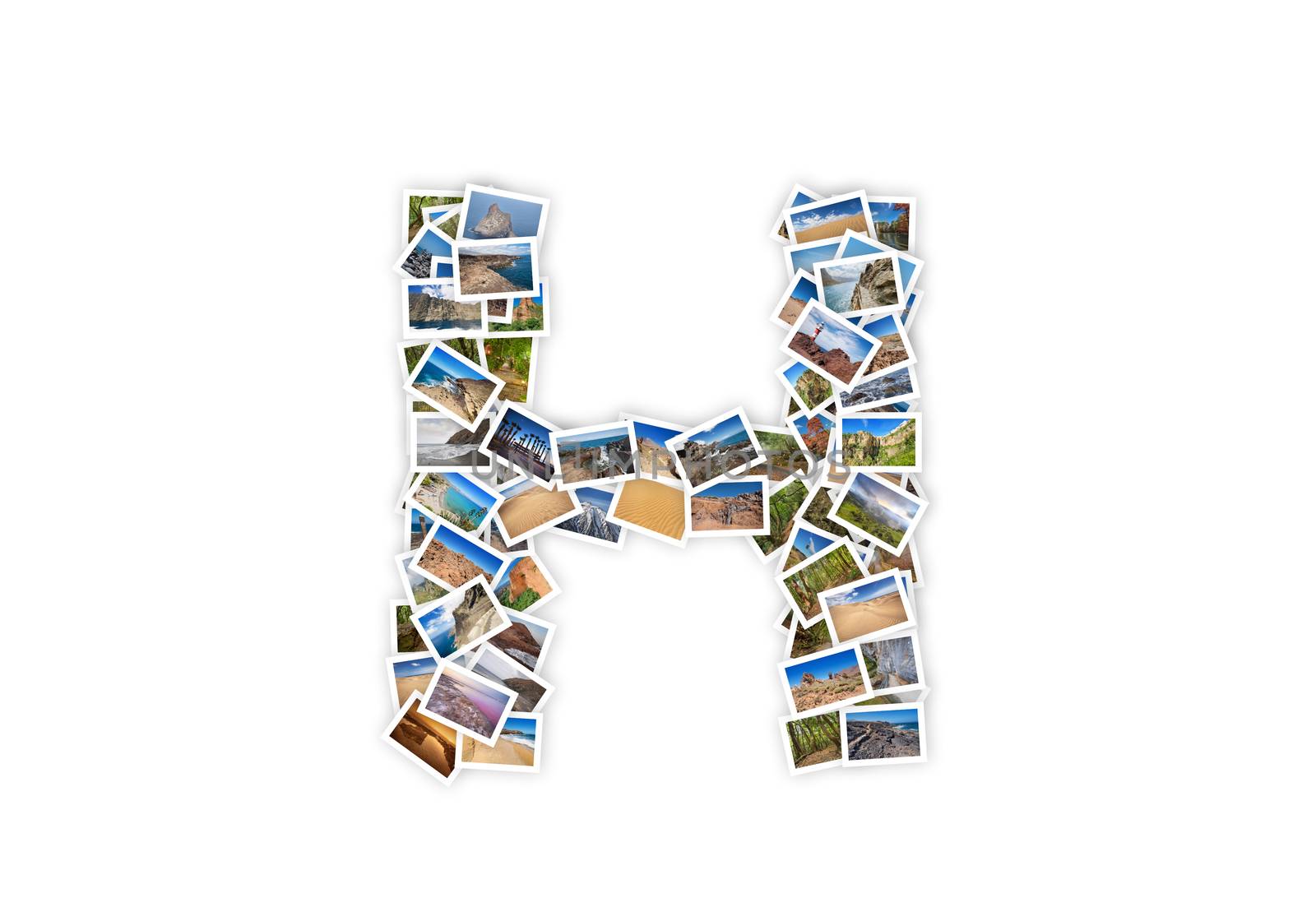 Letter H uppercase font shape alphabet collage made of my best landscape photographs. Version 1.