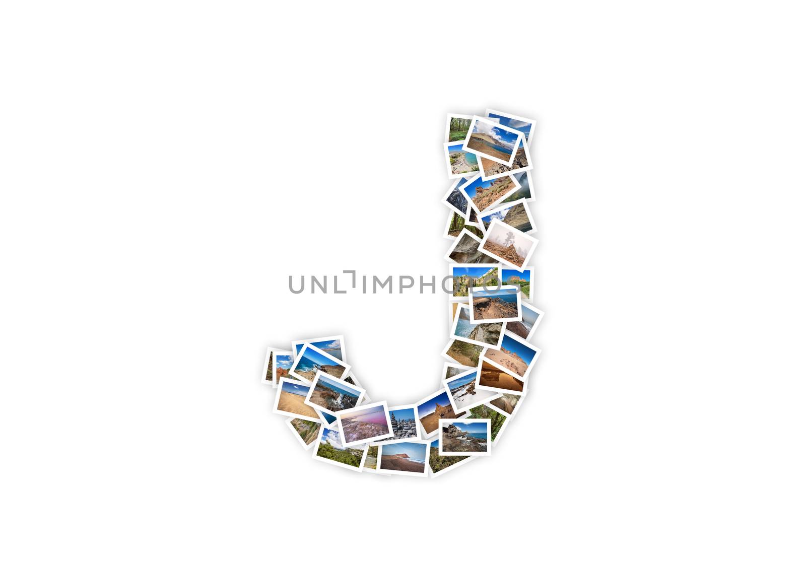 Letter J uppercase font shape alphabet collage made of my best landscape photographs. Version 1.