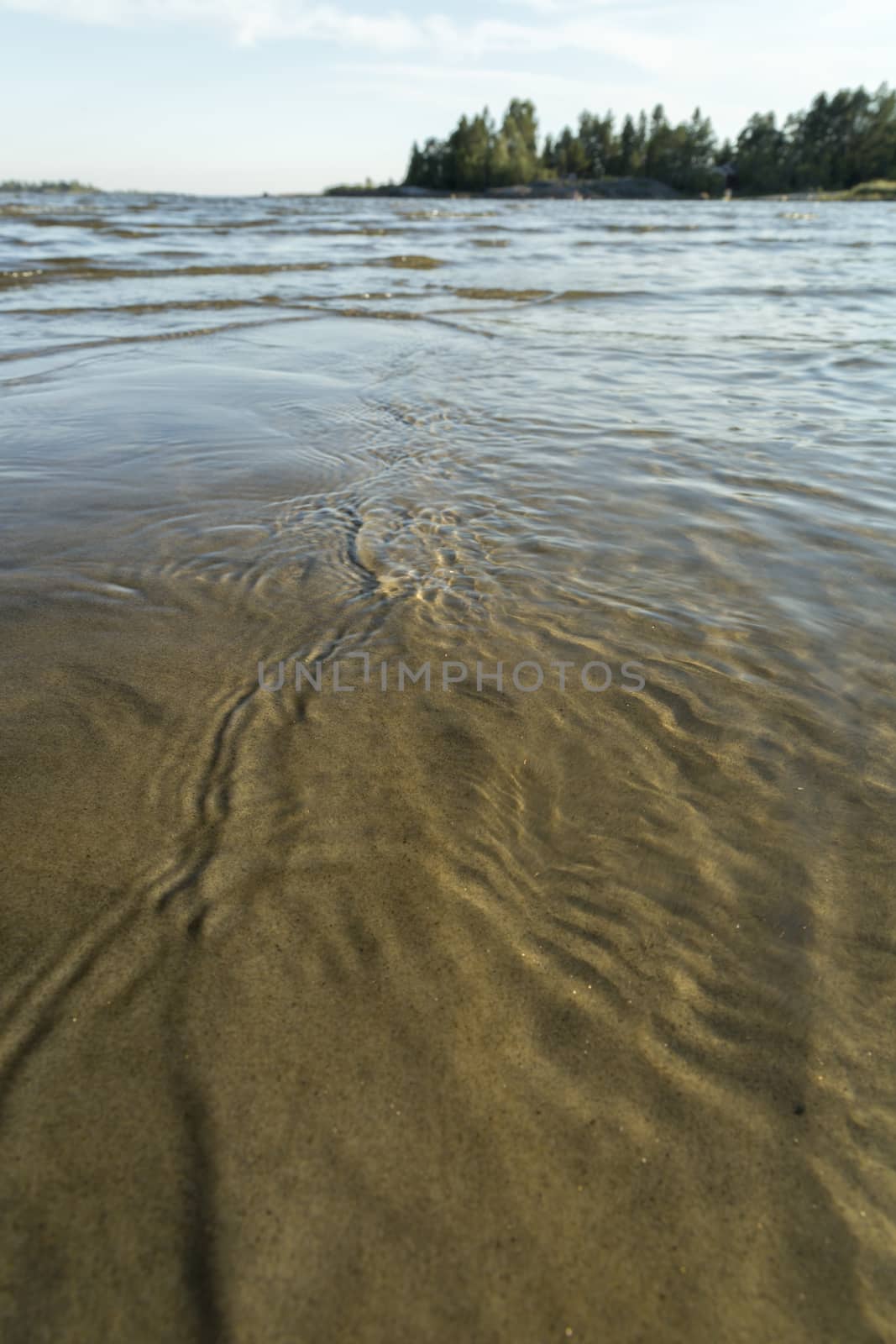 Ripples in Water and Sand in Ocean with trees and clouds.