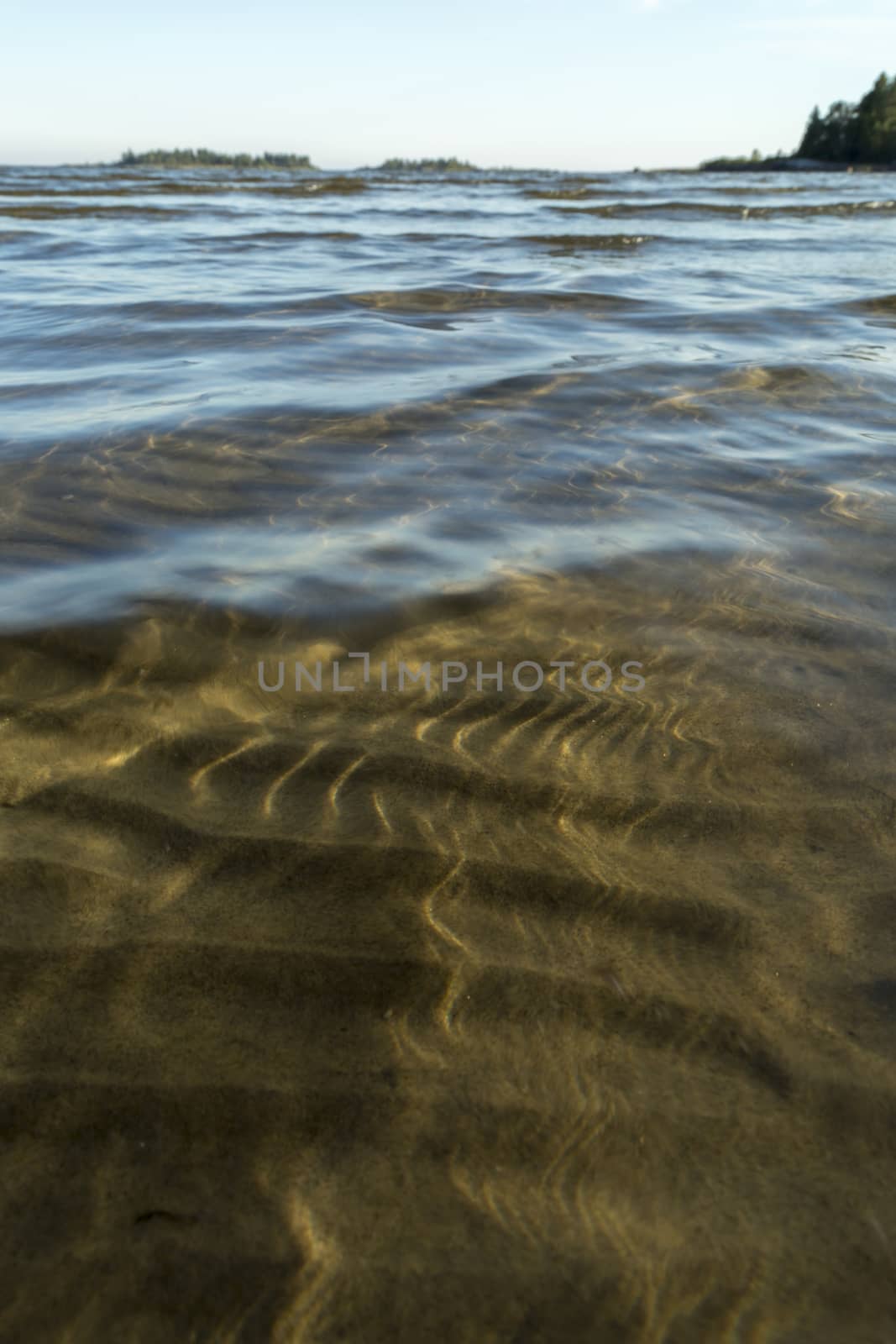 Ripples in Water and Sand in Ocean with trees and clouds.