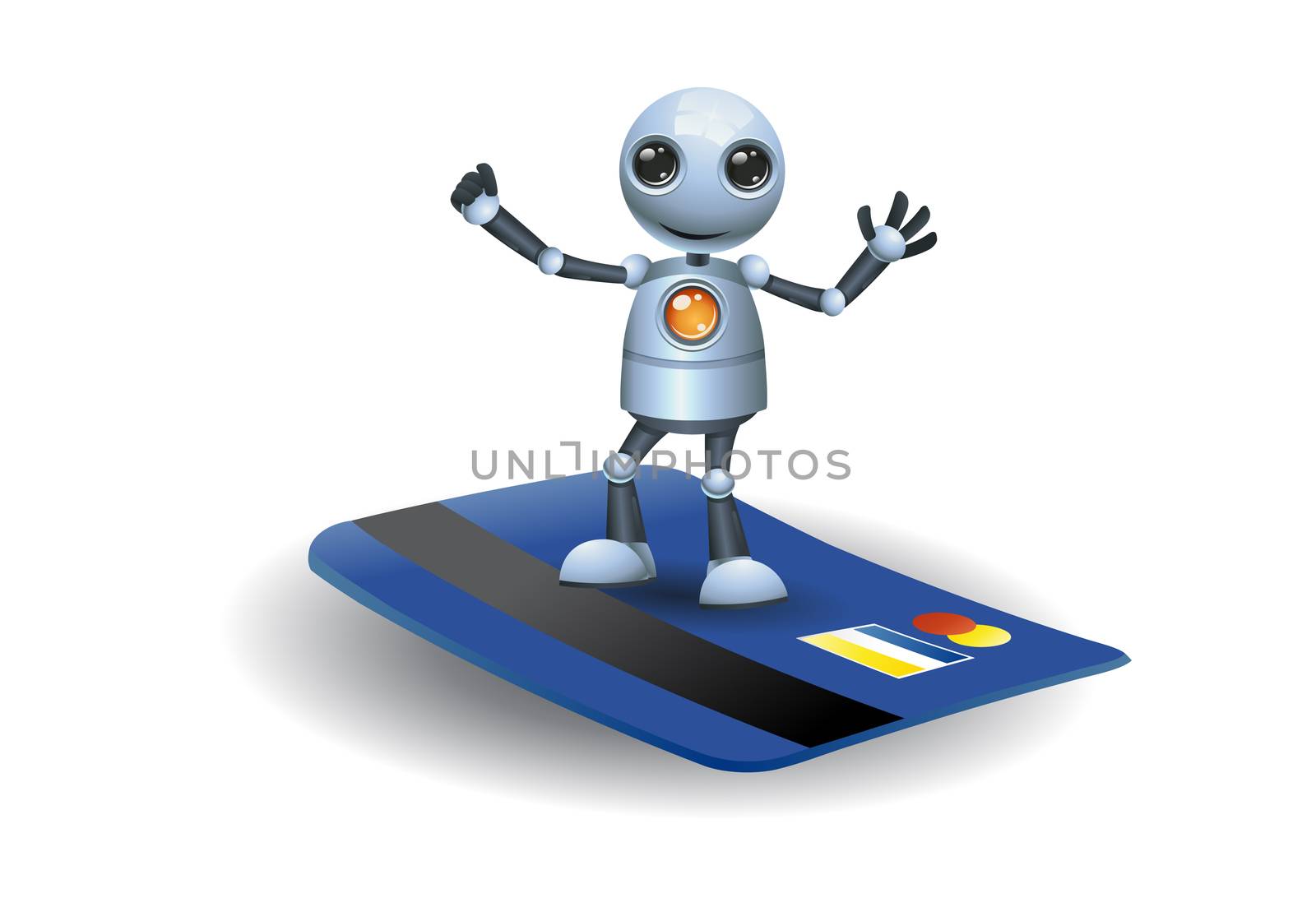 illustration of a little robot stand on credit card on isolated white background