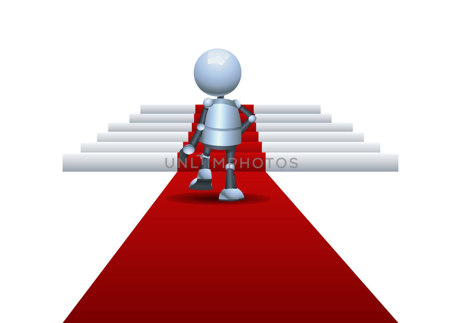 illustration of a little robot walking on red carpet  going up to podium on isolated white background