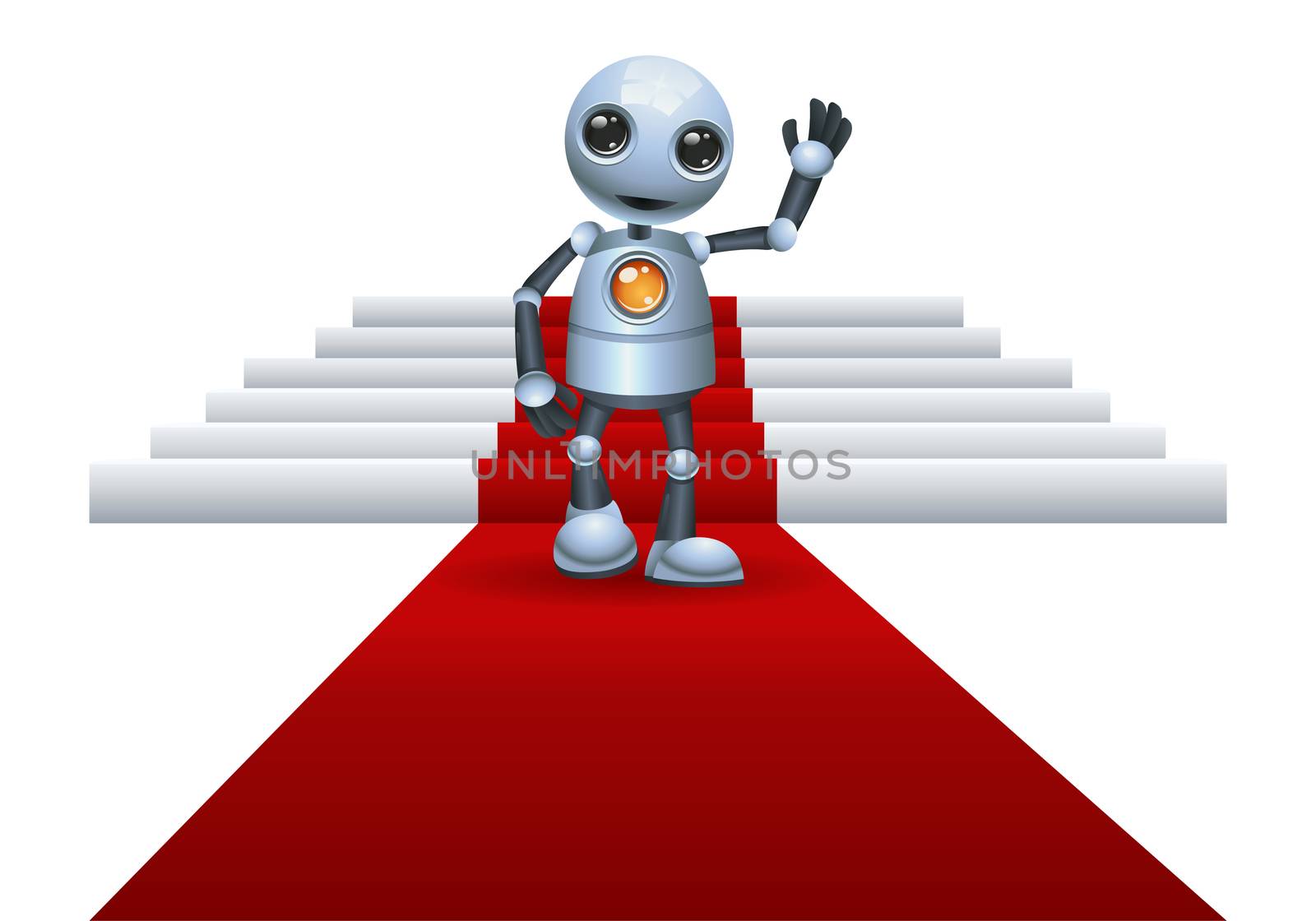 illustration of a little robot walking on red carpet on isolated white background