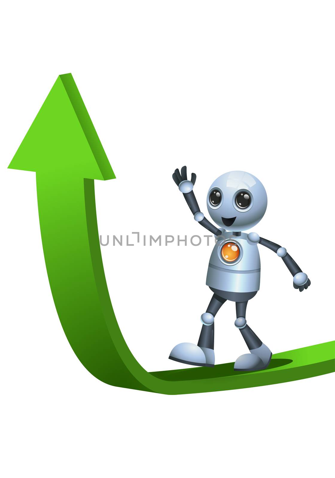 illustration of a little robot walking on top of ascending arrow on isolated white background