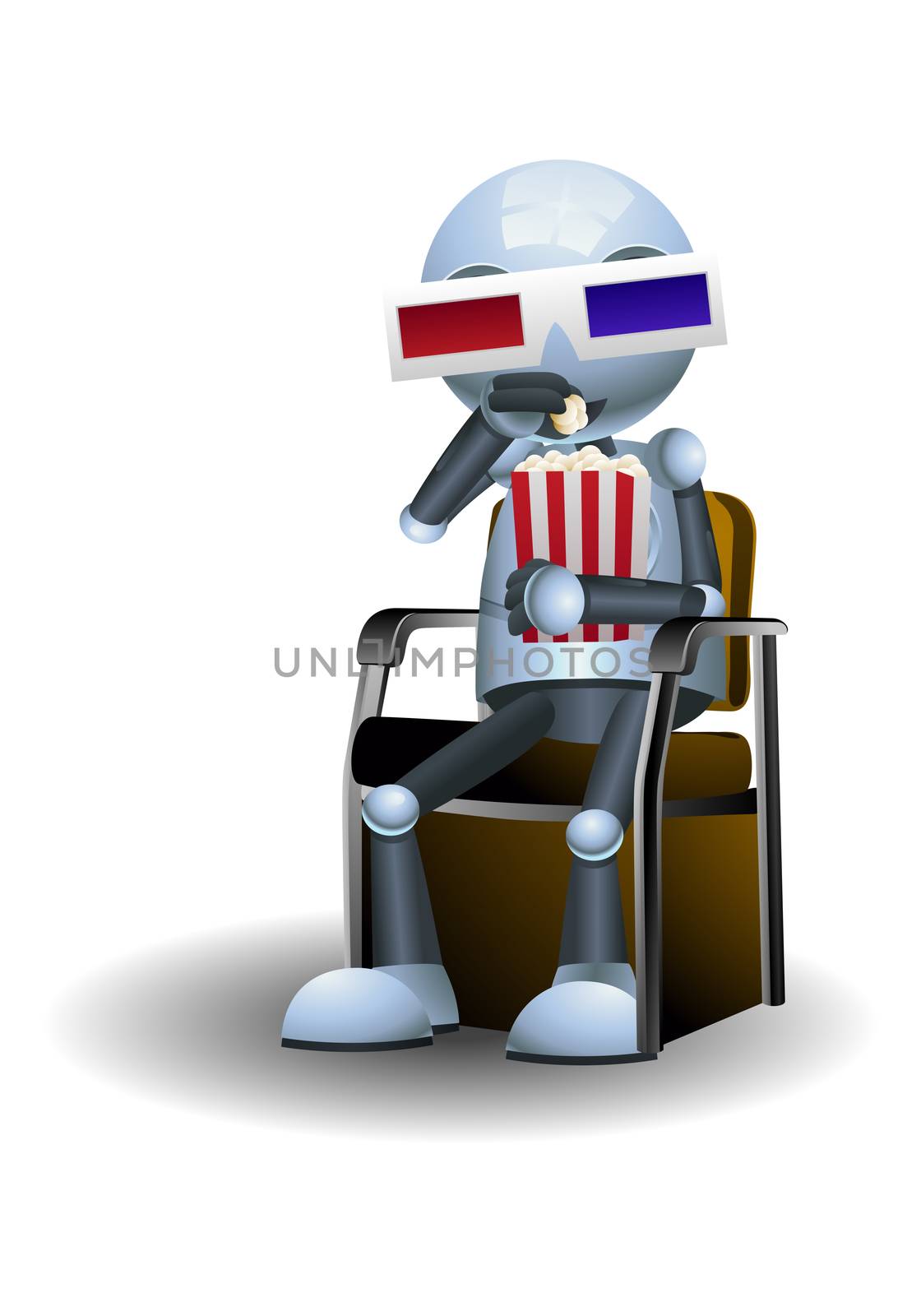 illustration of a little robot watch movie wearing 3d movie glasses on isolated white background