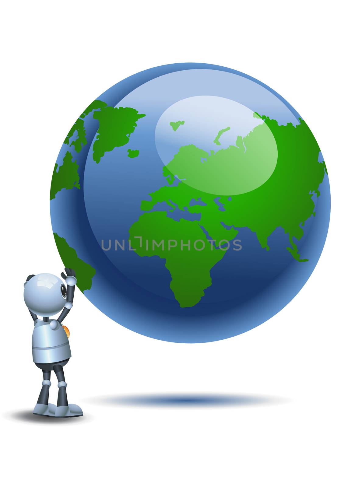 illustration of a little robot whorship earth on isolated white background