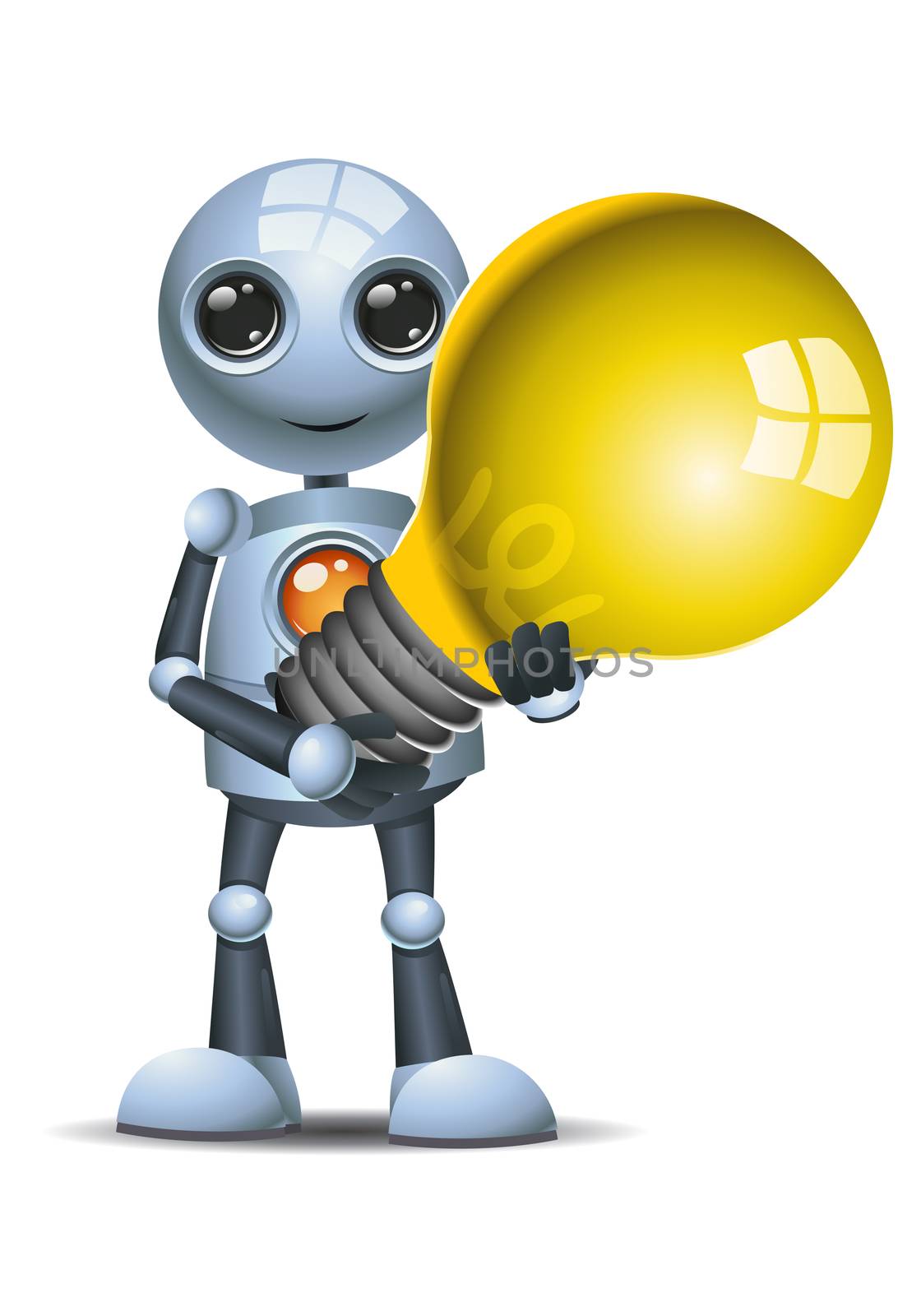 illustration of a happy droid little robot hold bulb on isolated white background