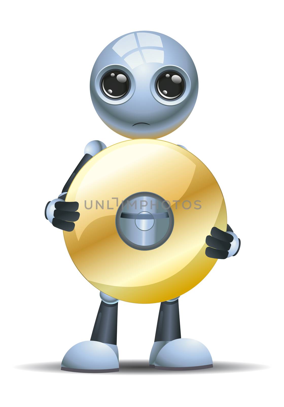 illustration of a happy droid little robot hold dvd disc on isolated white background