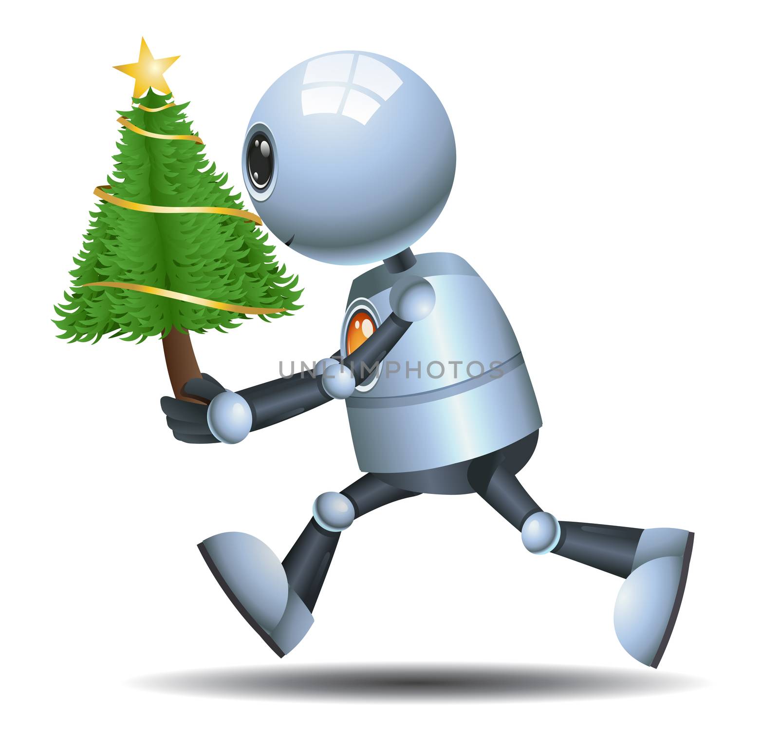 illustration of a happy droid little robot hold christmas tree on isolated white background