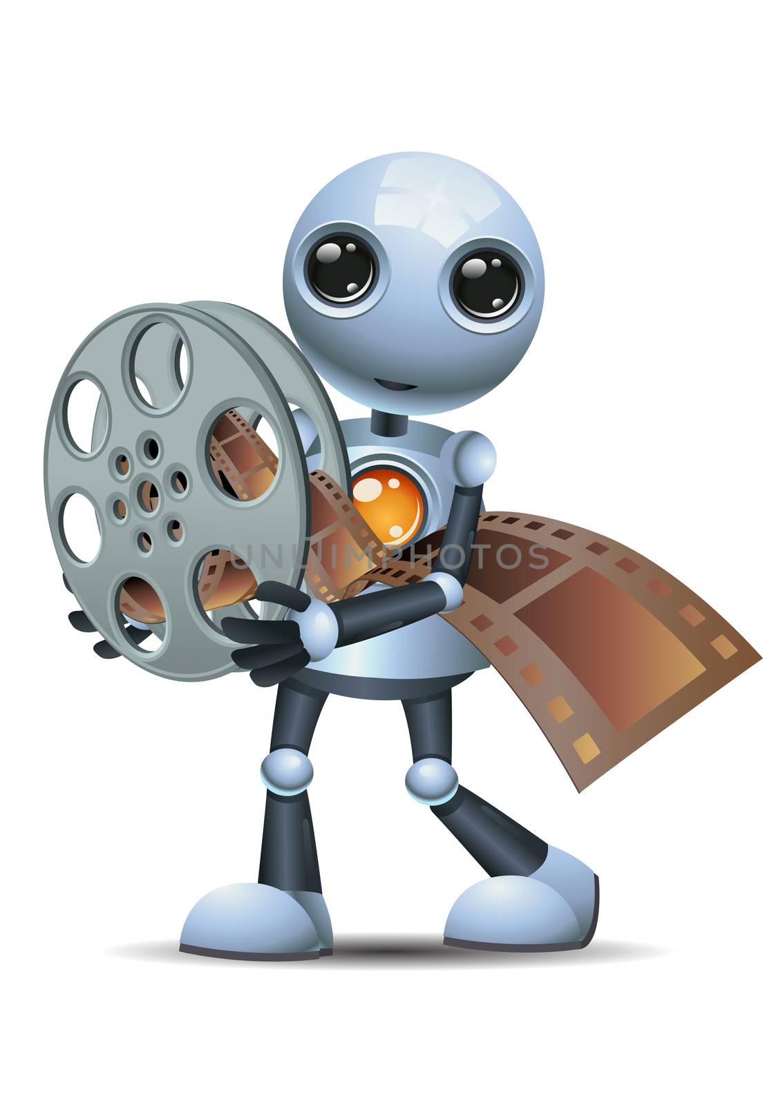 illustration of a happy droid little robot hold movie reel on isolated white background