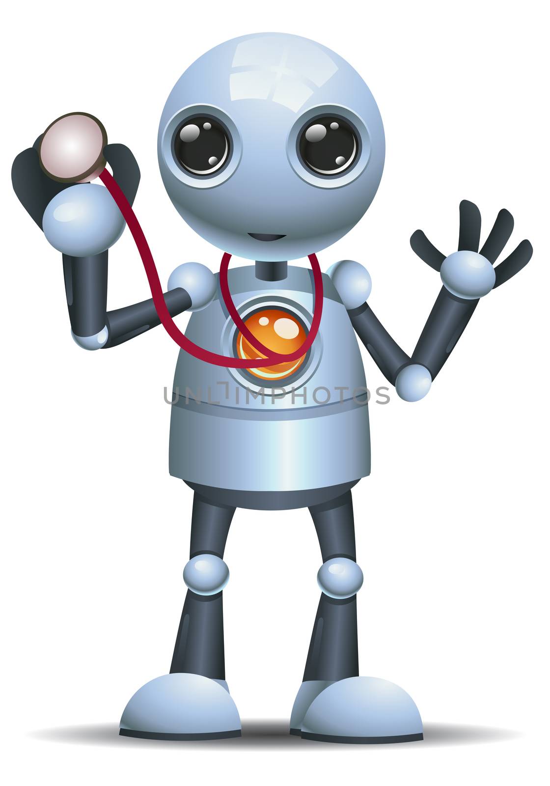 illustration of a happy droid little robot doctor hold stetoscop on isolated white background