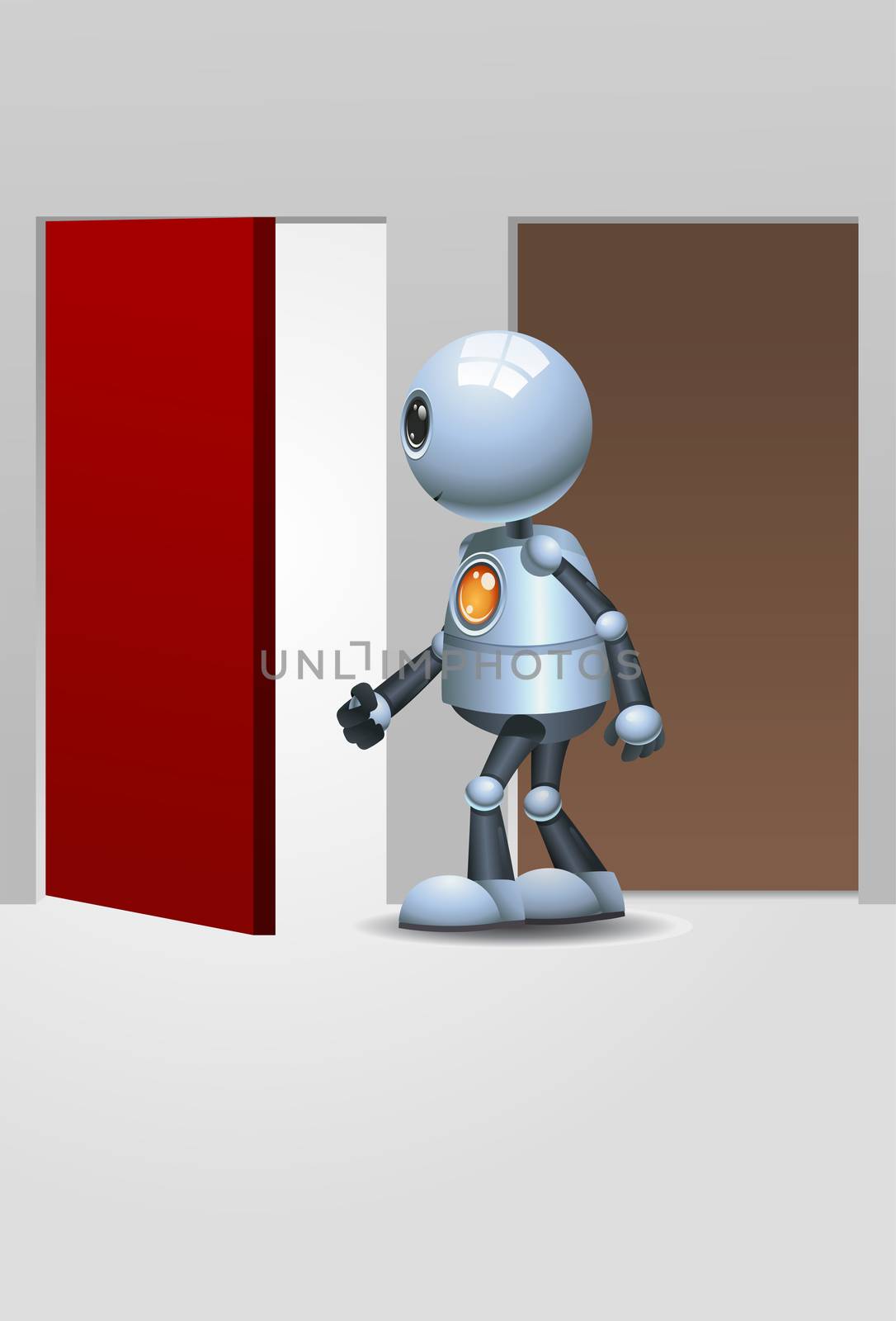 illustration of a happy droid little robot entering red door on isolated white background