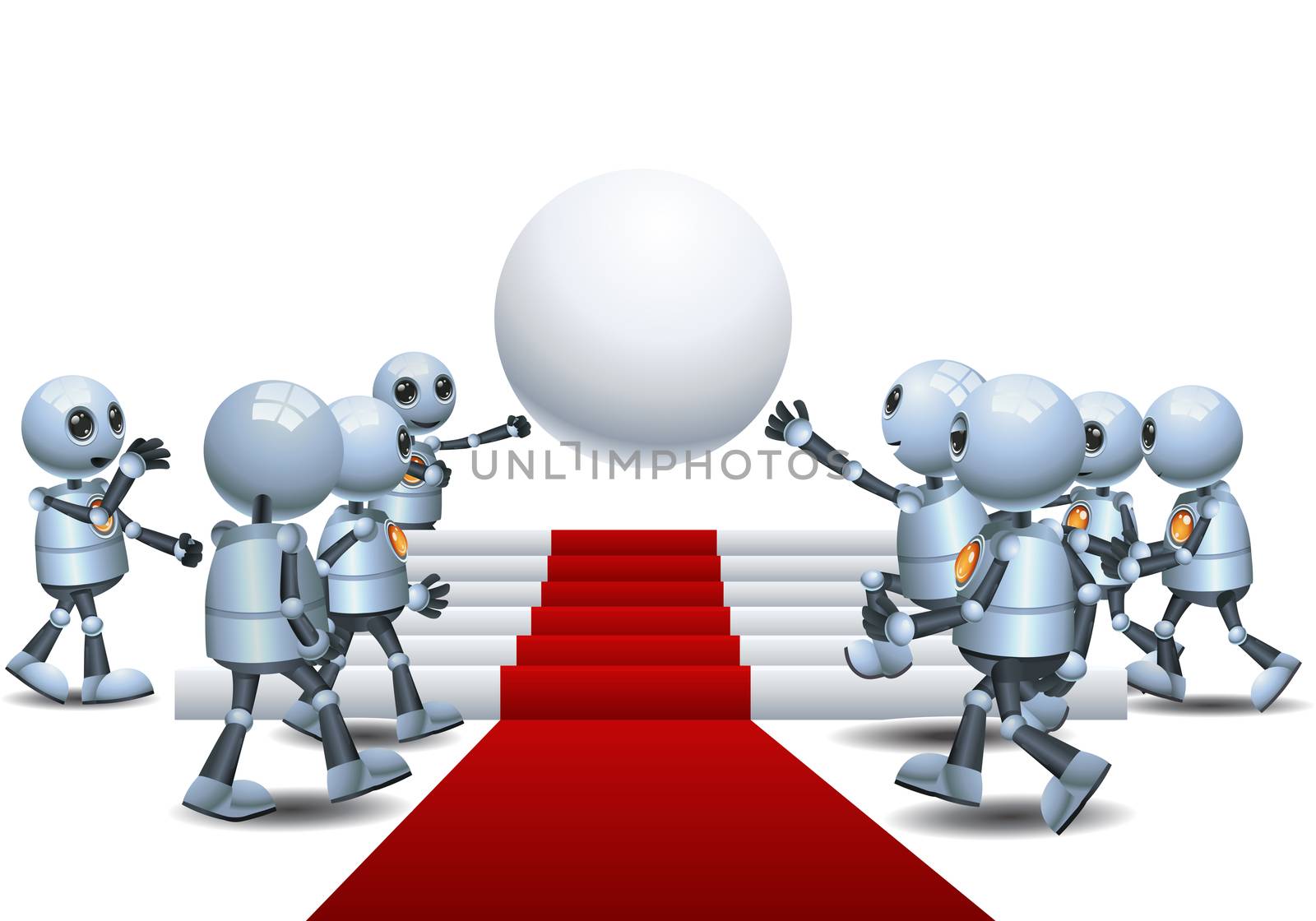 illustration of a happy droid little robot gathering on sphere on isolated white background