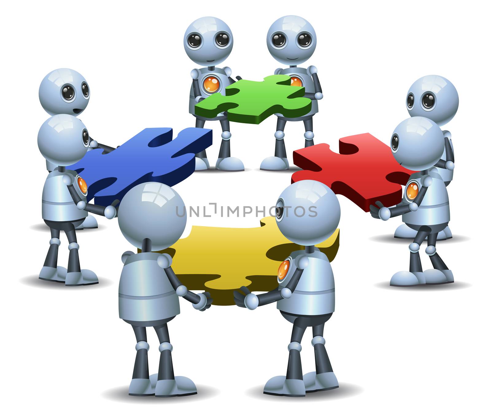 illustration of a happy droid little robot  group try to connecting puzzle on isolated white background