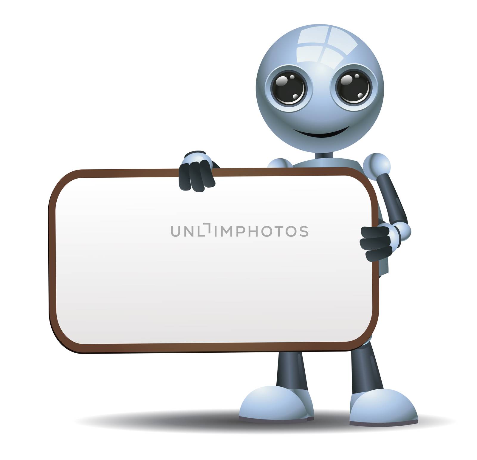 illustration of a happy droid little robot hold blank sign board on isolated white background