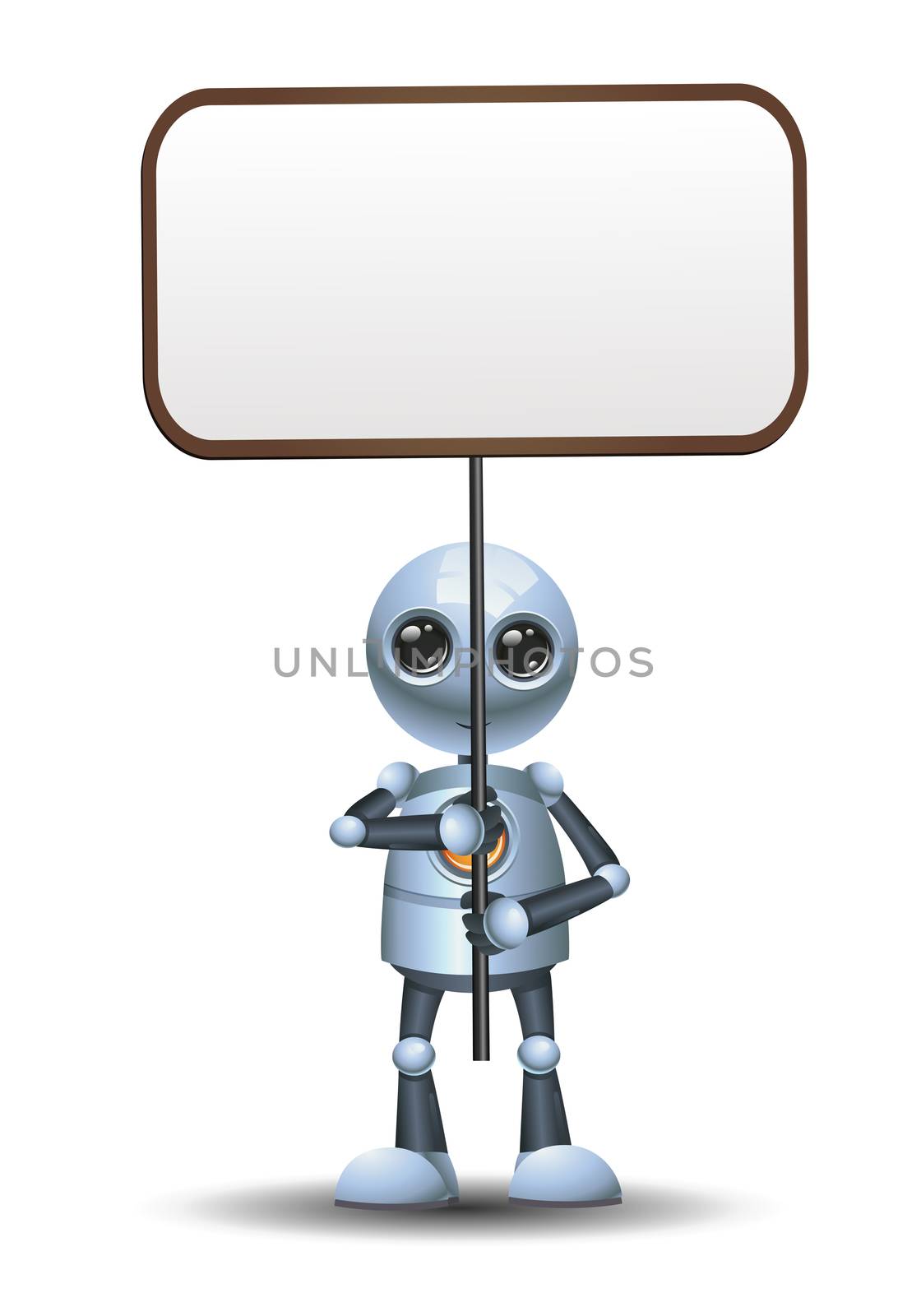 illustration of a happy droid little robot hold banner on isolated white background