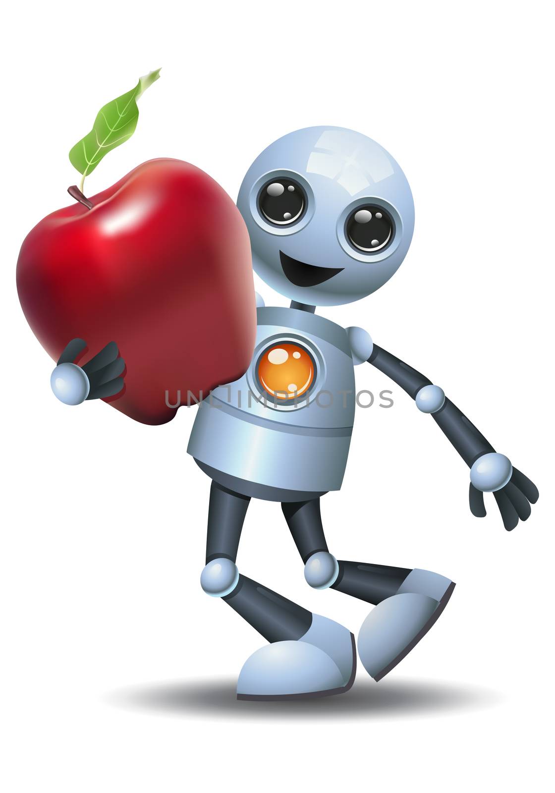 illustration of a happy droid little robot hold apple on isolated white background