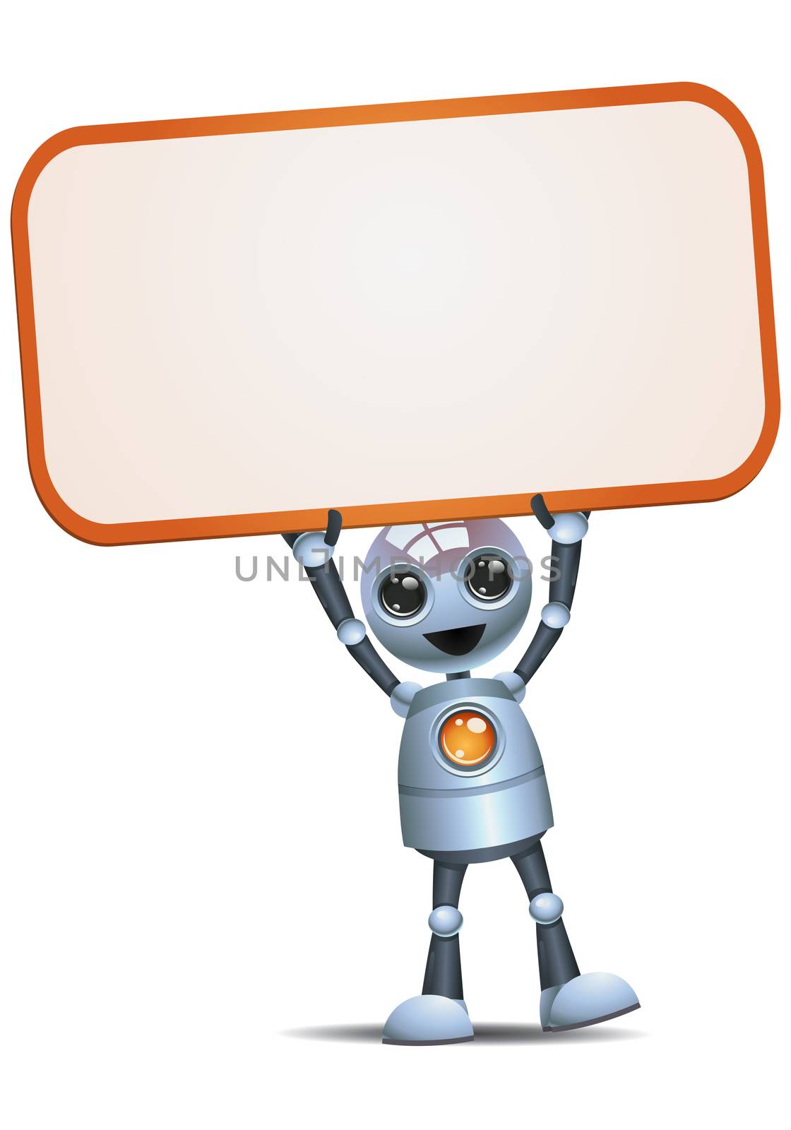 illustration of a happy droid little robot hold and lifting blank sign on isolated white background