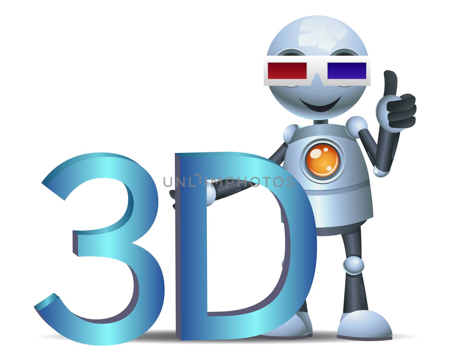 illustration of a happy droid little robot hold 3d movie symbol on isolated white background