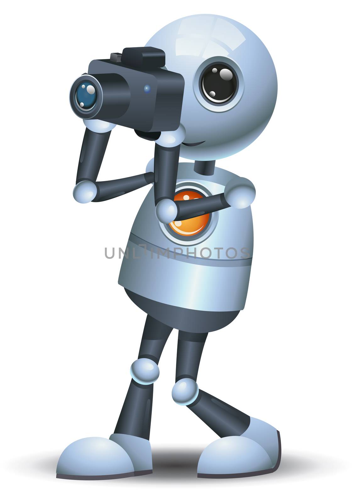 illustration of a happy droid little robot hold camera on isolated white background