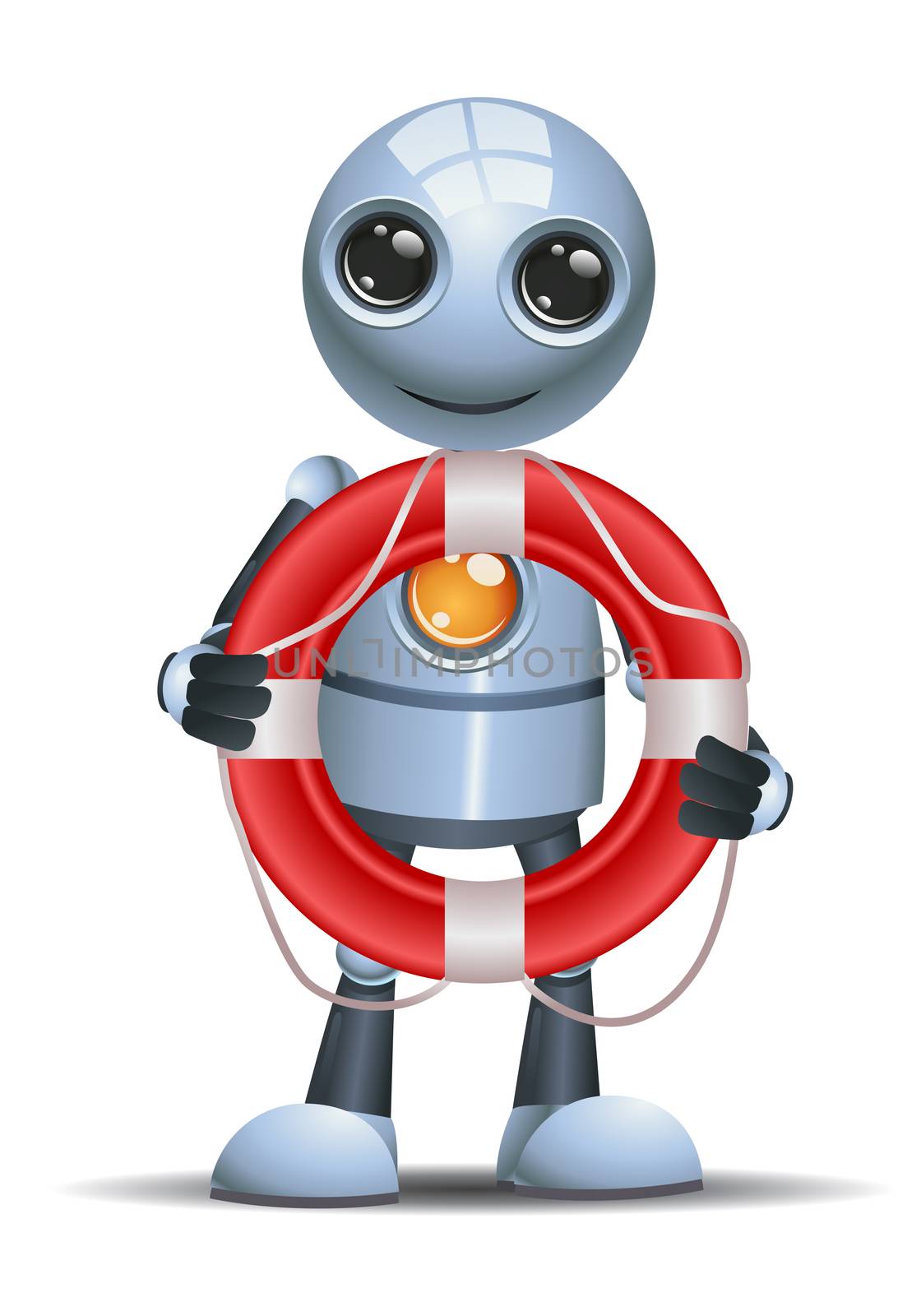 illustration of a happy droid little robot hold buoy on isolated white background