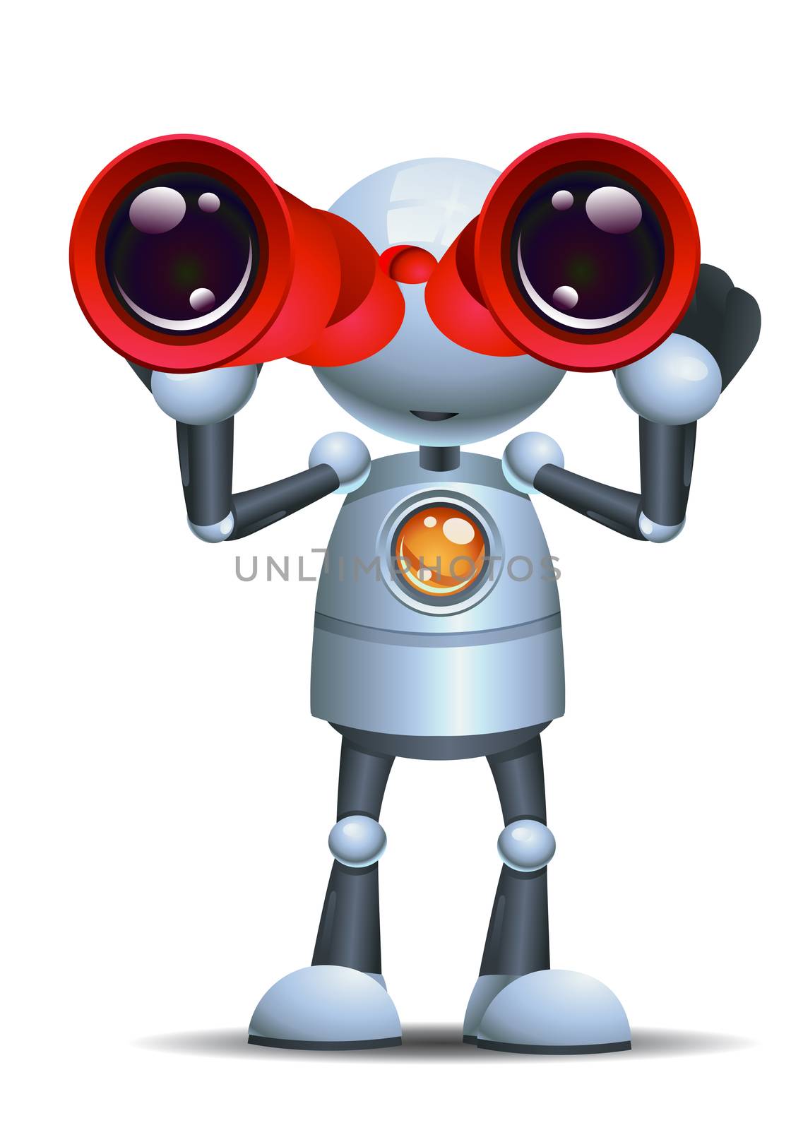 illustration of a happy droid little robot hold binocular  on isolated white background