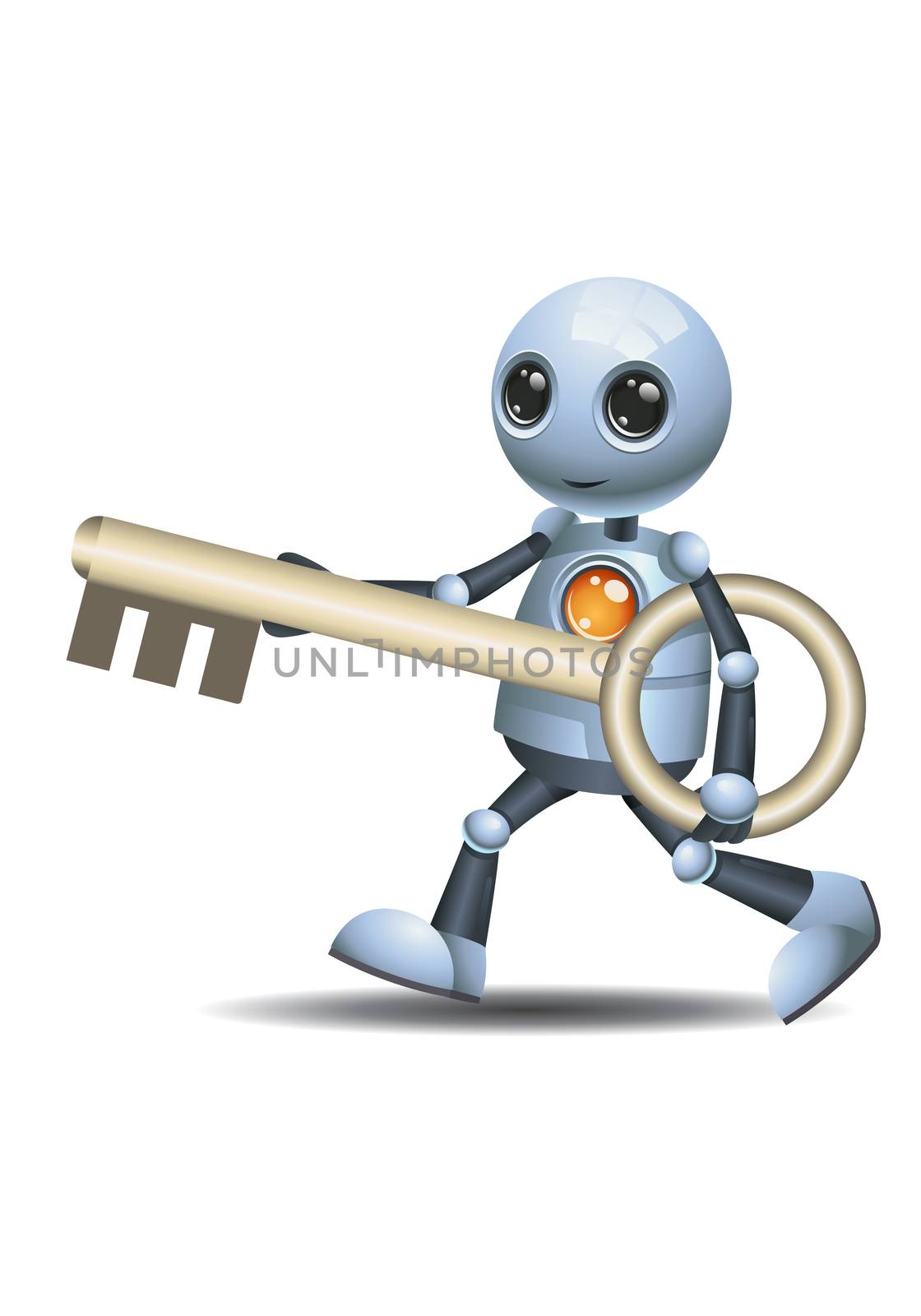 illustration of a happy droid little robot hold giant key on isolated white background