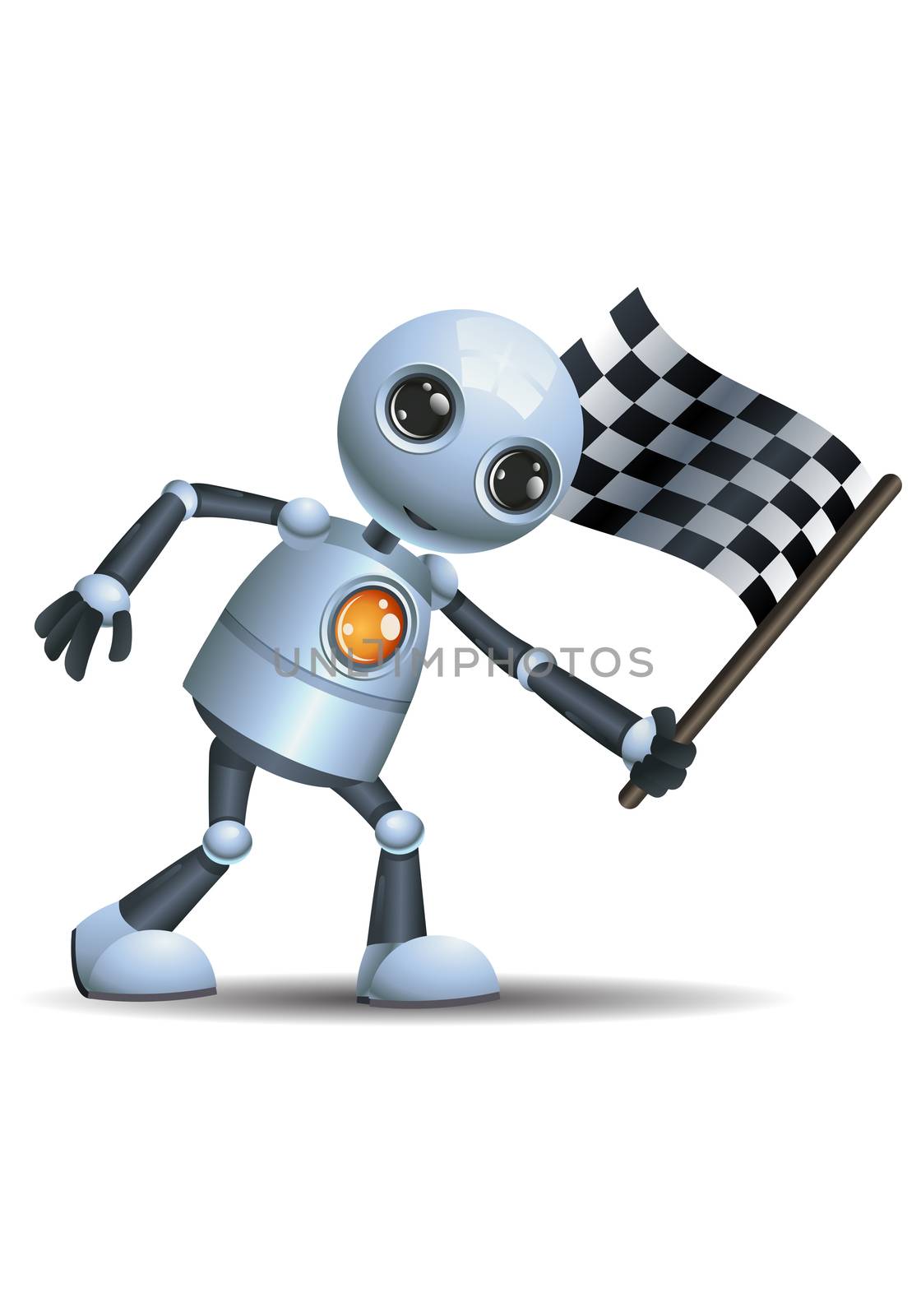 illustration of a happy droid little robot hold finish flag on isolated white background