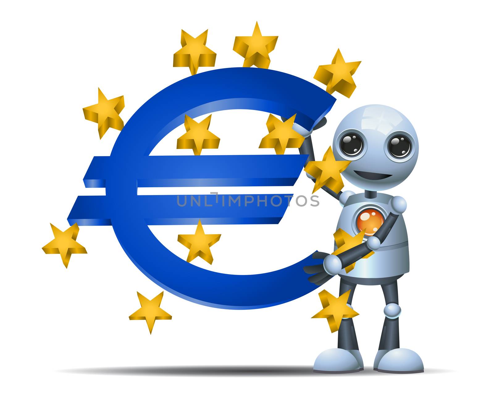 illustration of a happy droid little robot hold euro symbol on isolated white background