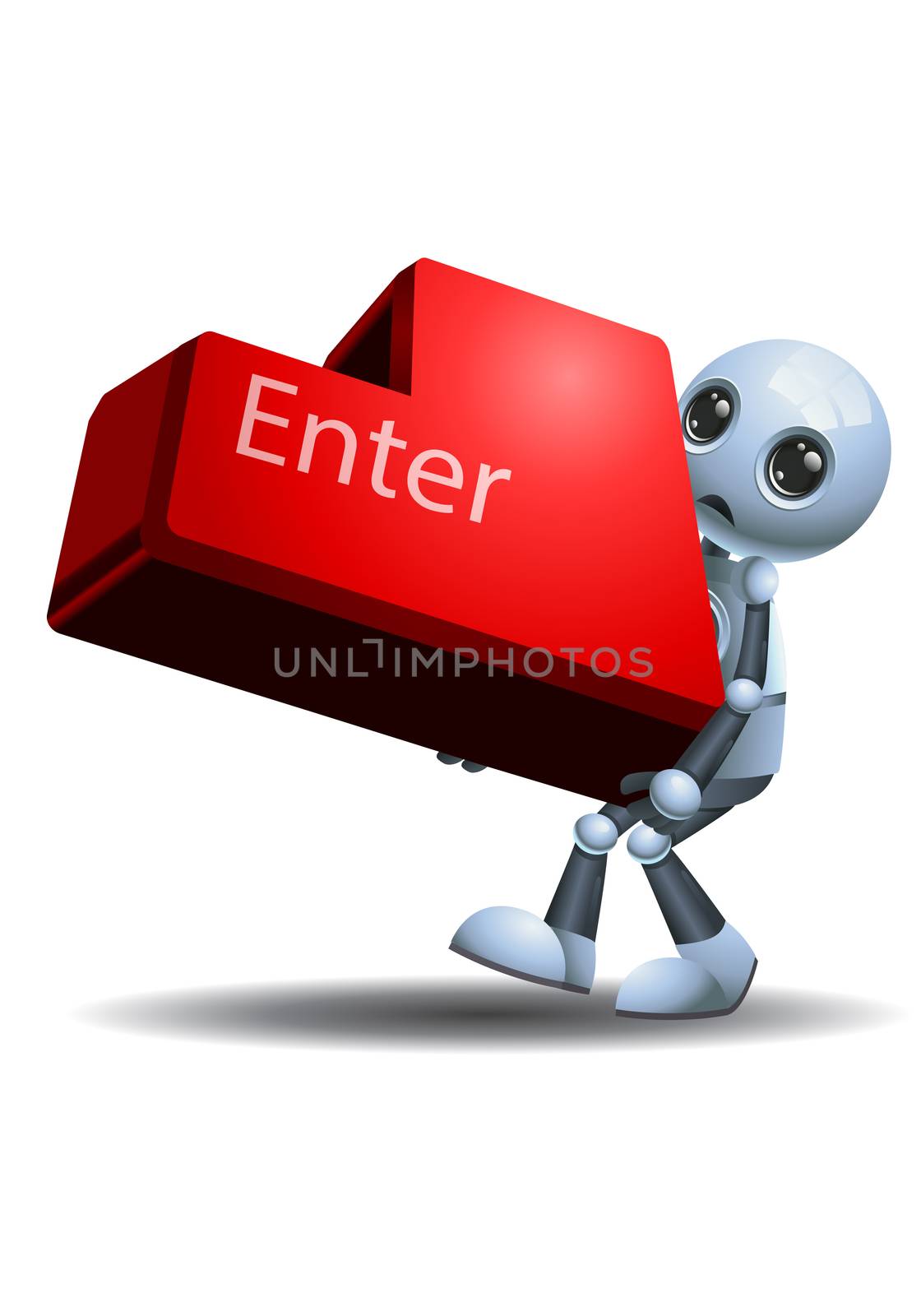 illustration of a happy droid little robot hold enter keyboard button on isolated white background