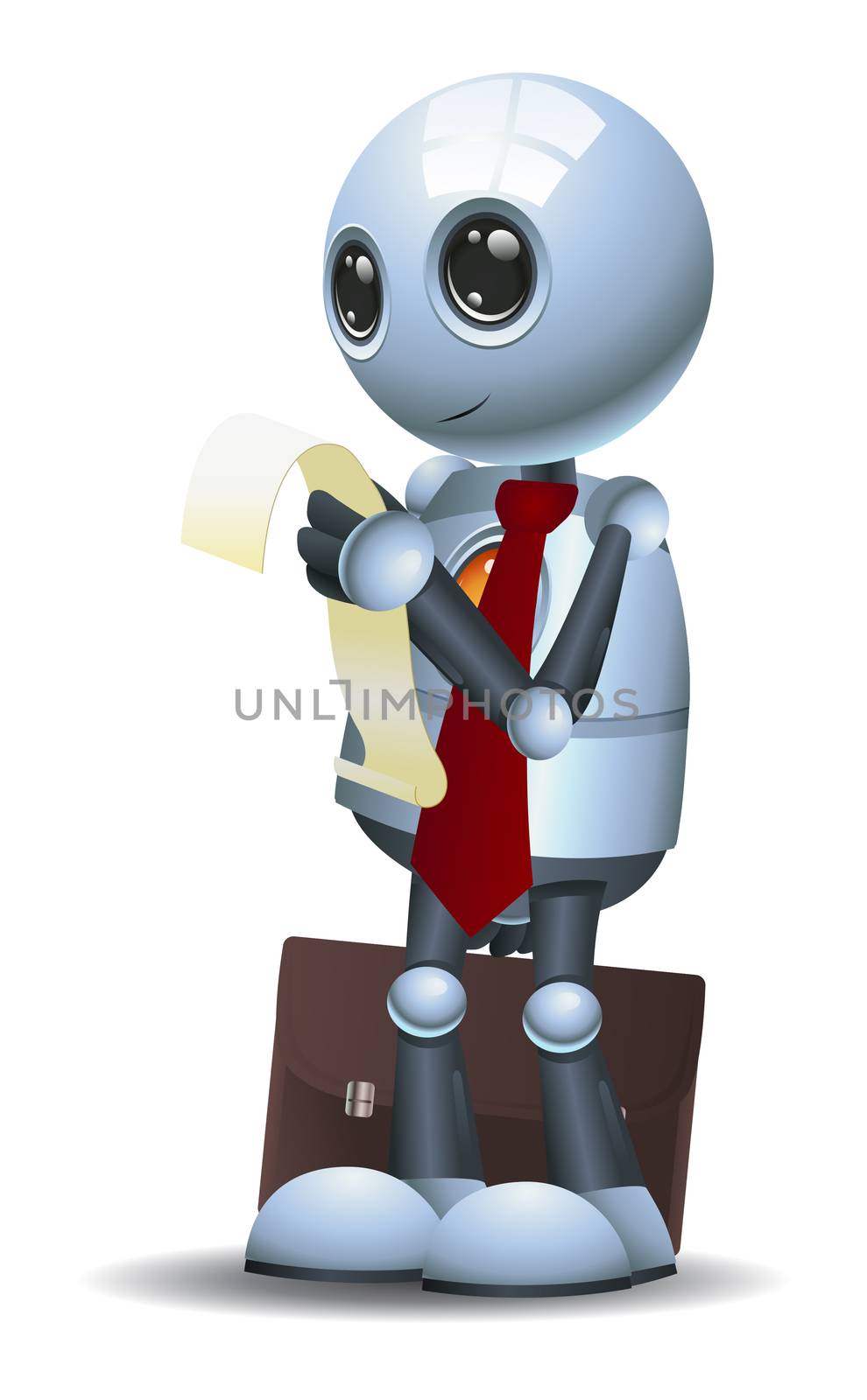 illustration of a happy droid little robot hold checklist on isolated white background