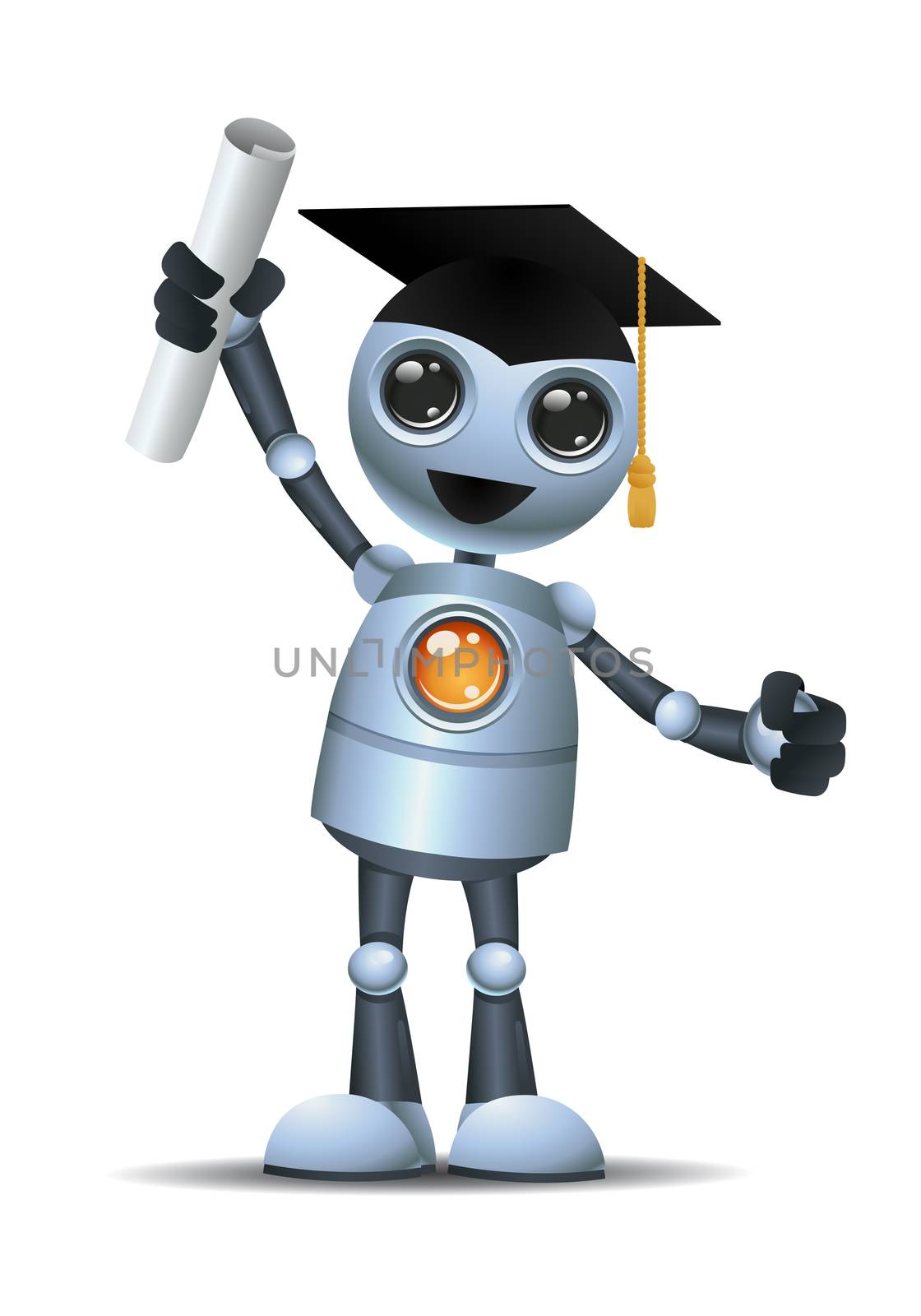 illustration of a happy droid little robot hold graduation certificate on isolated white background