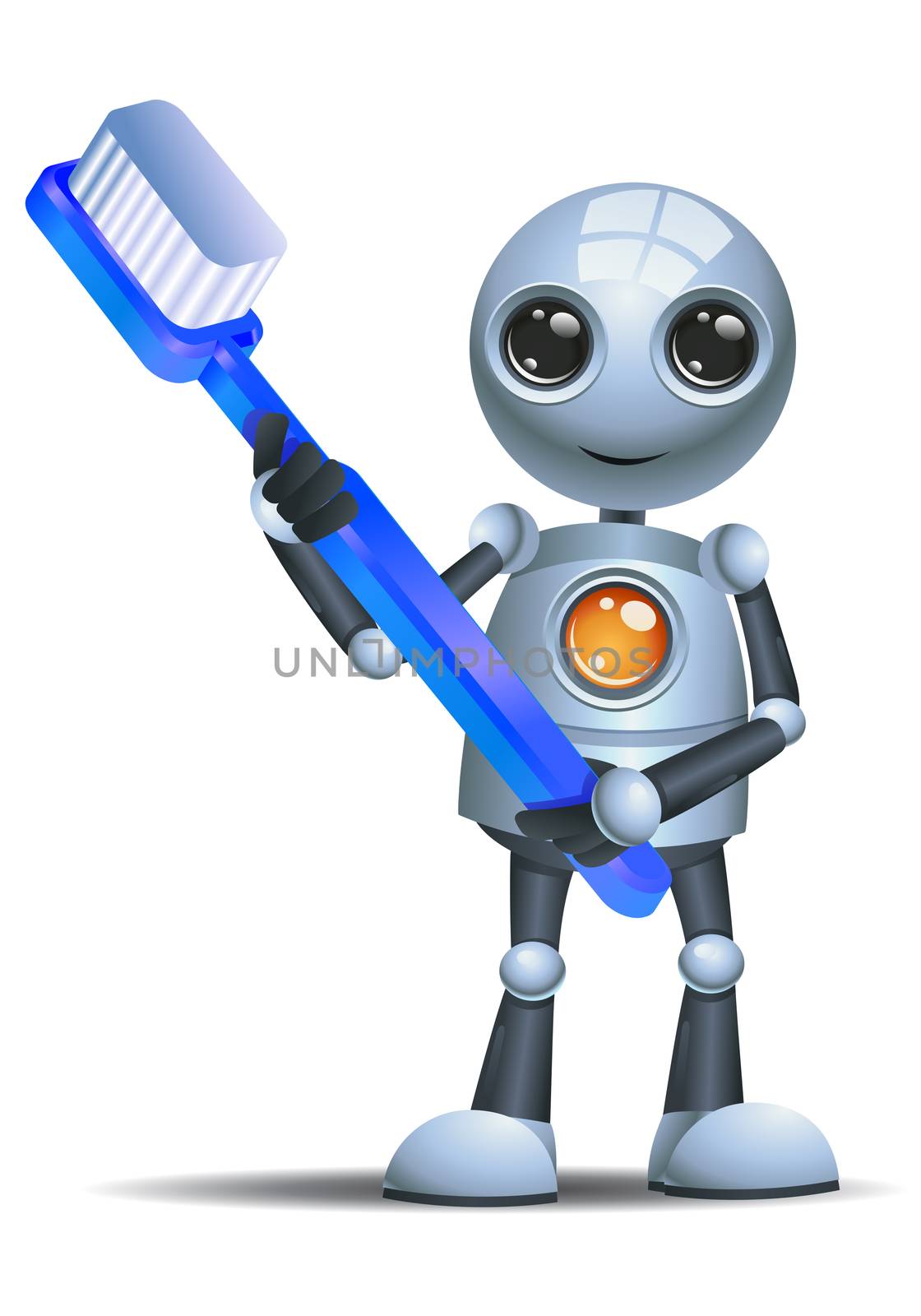 illustration of a happy droid little robot hold giant tooth brush on isolated white background
