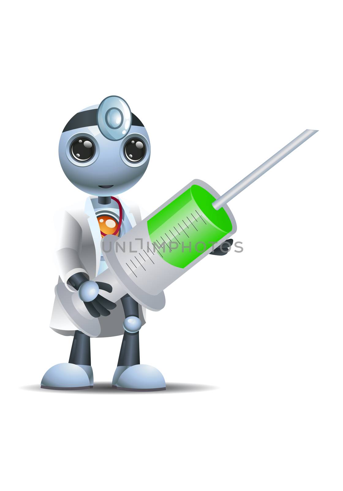 illustration of a happy droid little robot hold giant syringe on isolated white background