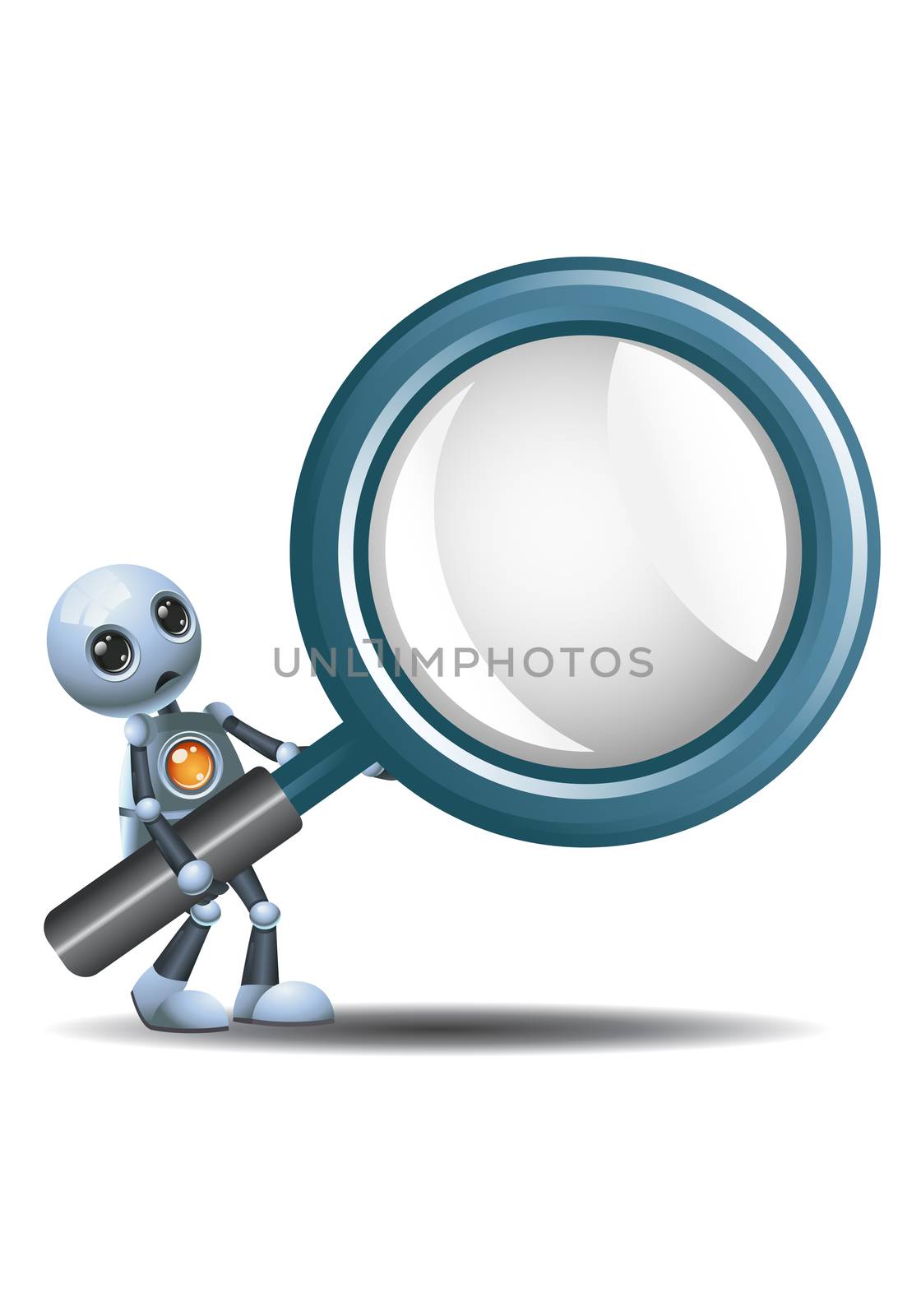 illustration of a happy droid little robot hold giant magnifier on isolated white background