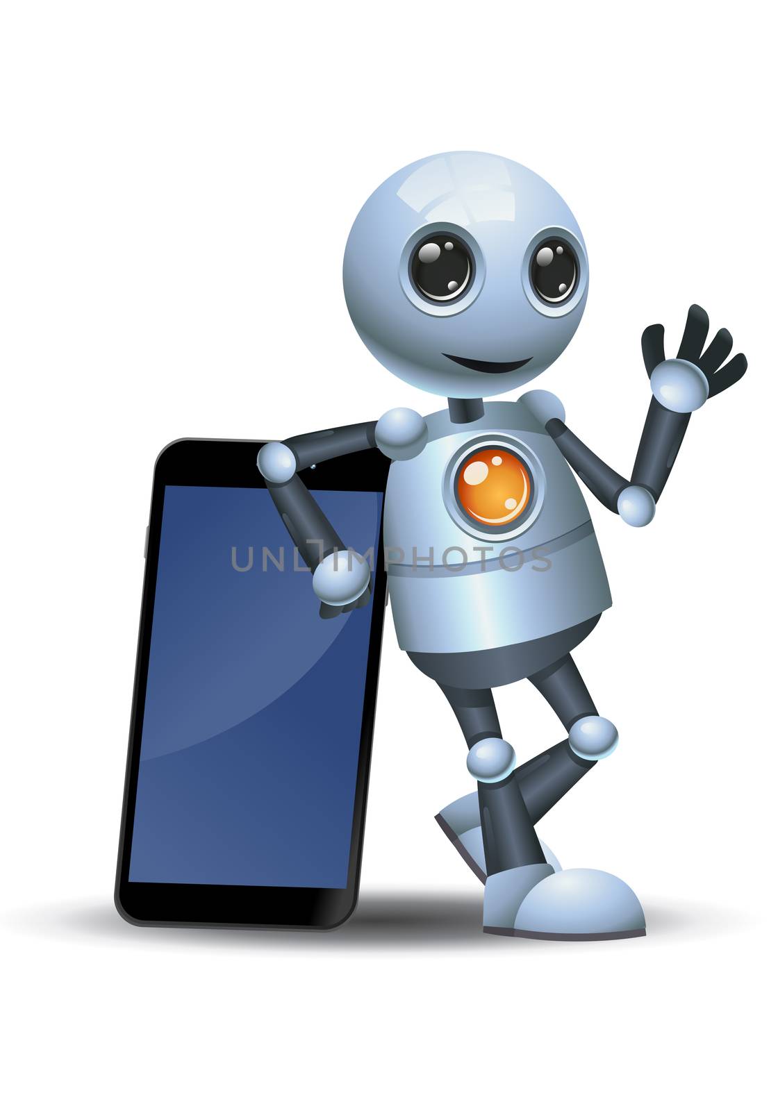 illustration of a happy droid little robot lean back on mobile phone on isolated white background