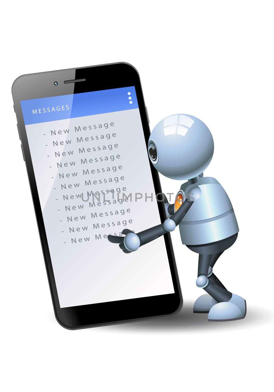 illustration of a happy droid little robot hold mobile phone checking messages on isolated white background