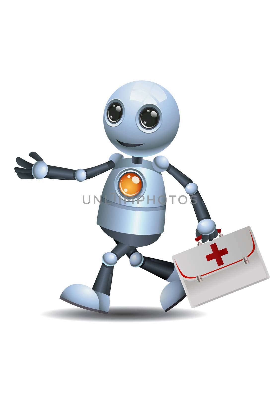 illustration of a happy droid little robot hold medic case on isolated white background