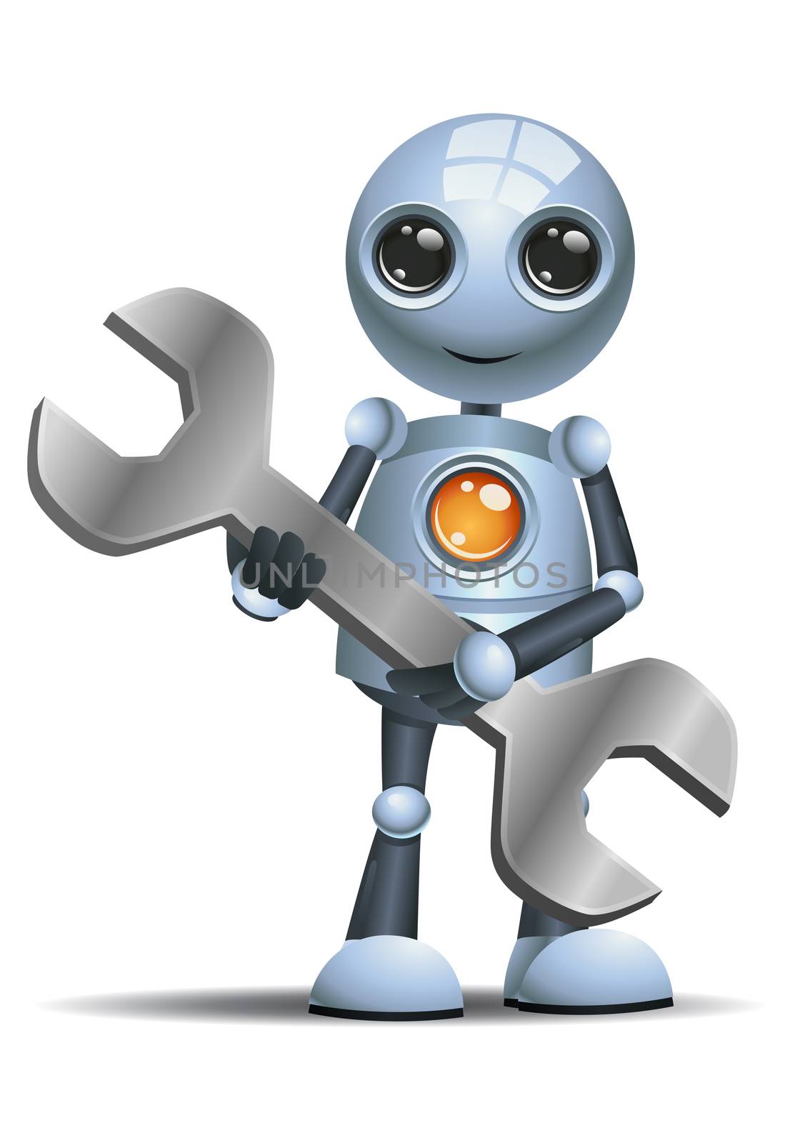 illustration of a happy droid little robot hold mechanic tool wrench on isolated white background
