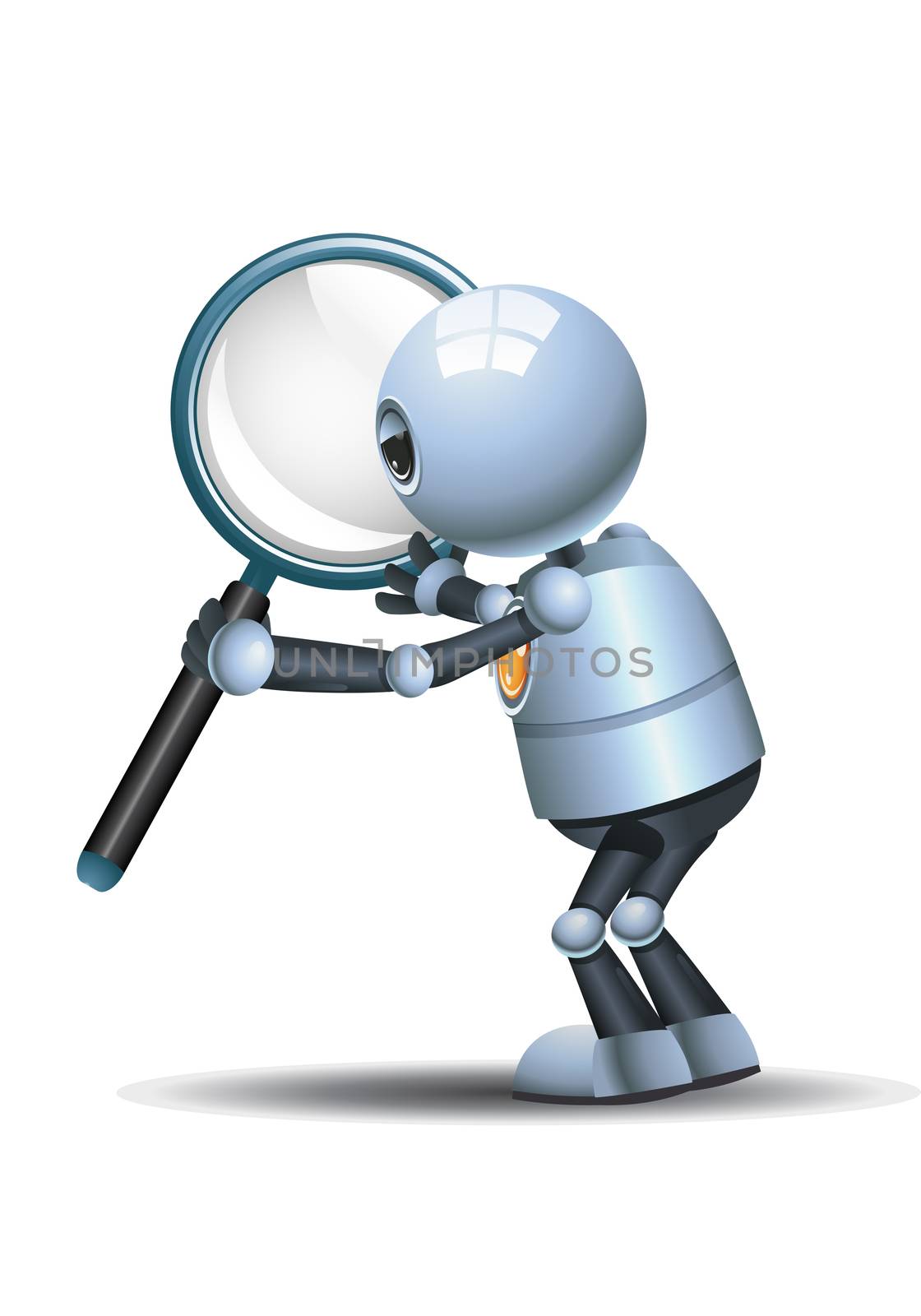 illustration of a happy droid little robot hold magnifier glass searching something on isolated white background